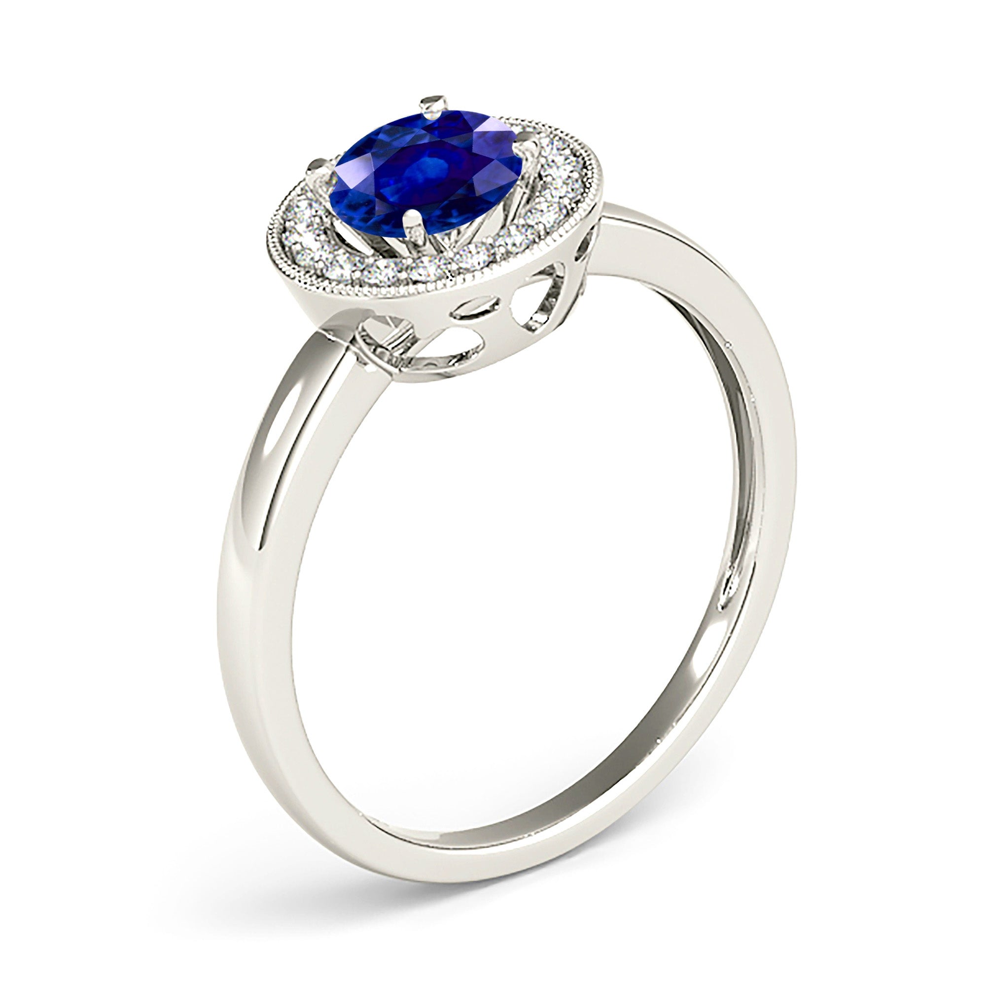 1.35 ct. Genuine Blue Sapphire Solitaire Milgrain Halo Ring With 0.20 ctw Side Diamonds-VIRABYANI