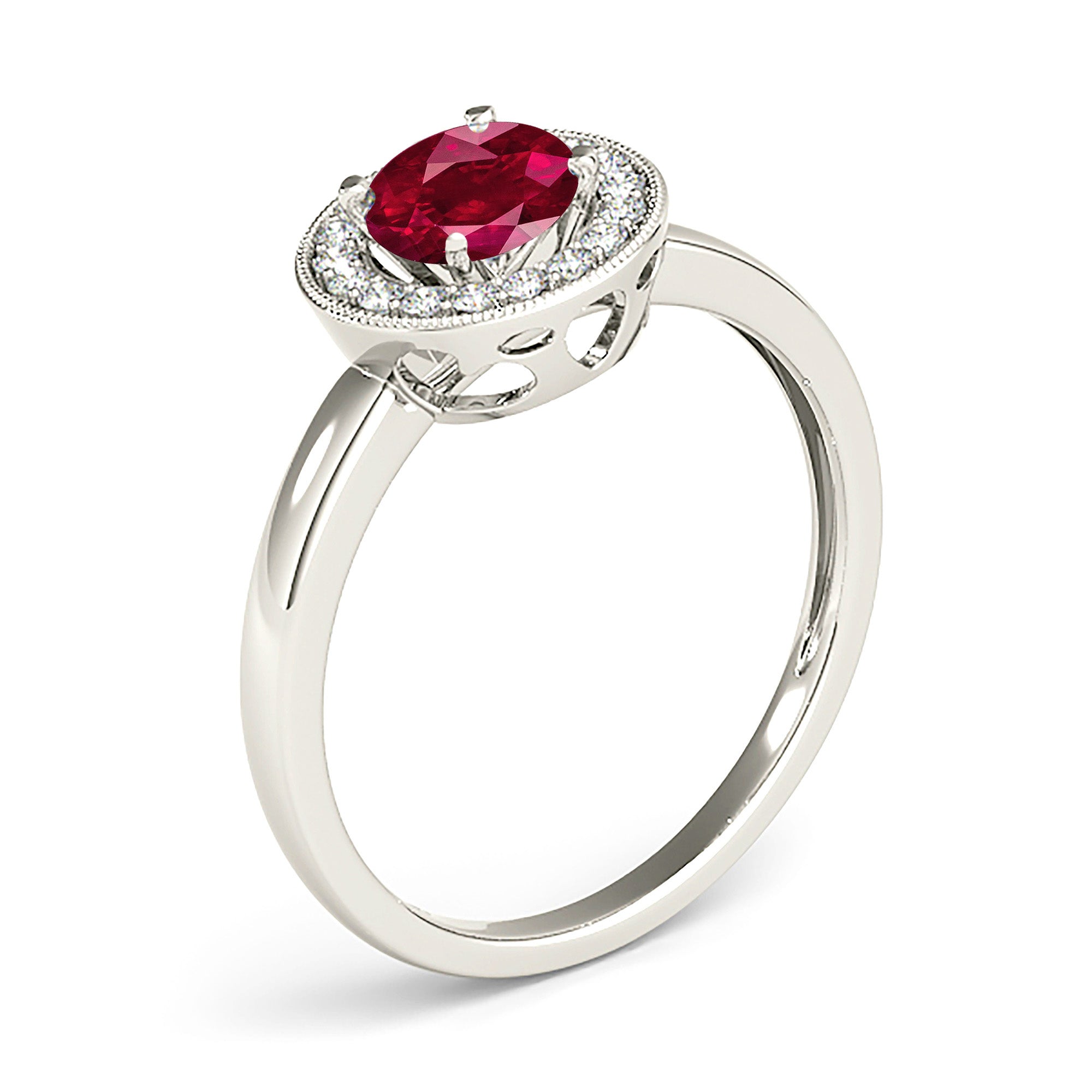 1.35 ct. Genuine Ruby Ring With 0.20 ctw. Diamond Milgrain Halo And Solid gold Plain Band-VIRABYANI