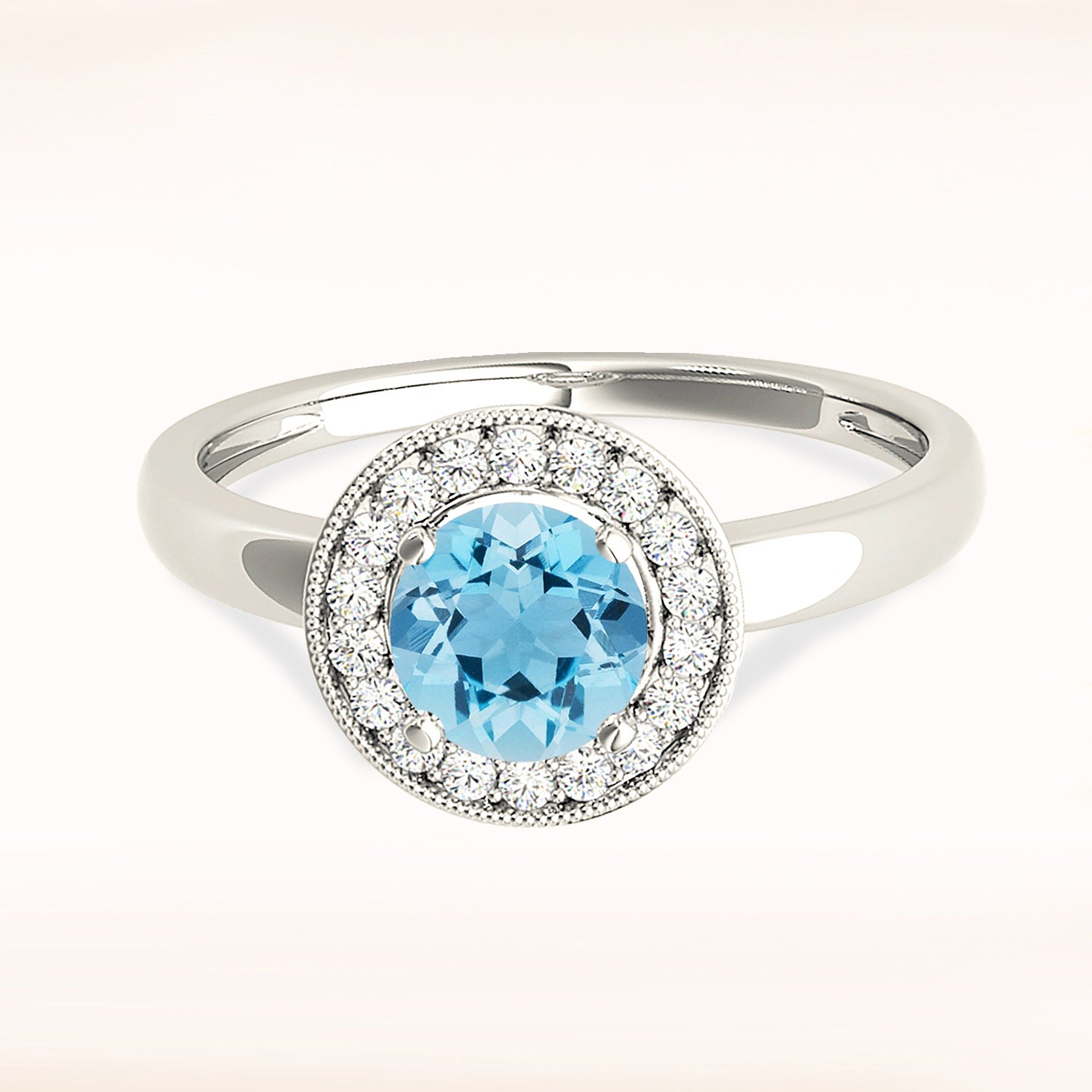 1.10 ct. Genuine Aquamarine Ring With 0.20 ctw. Diamond Bezel Set Halo, Milgrain Design, Solid Gold Band | Round Blue Aquamarine Halo Ring-VIRABYANI