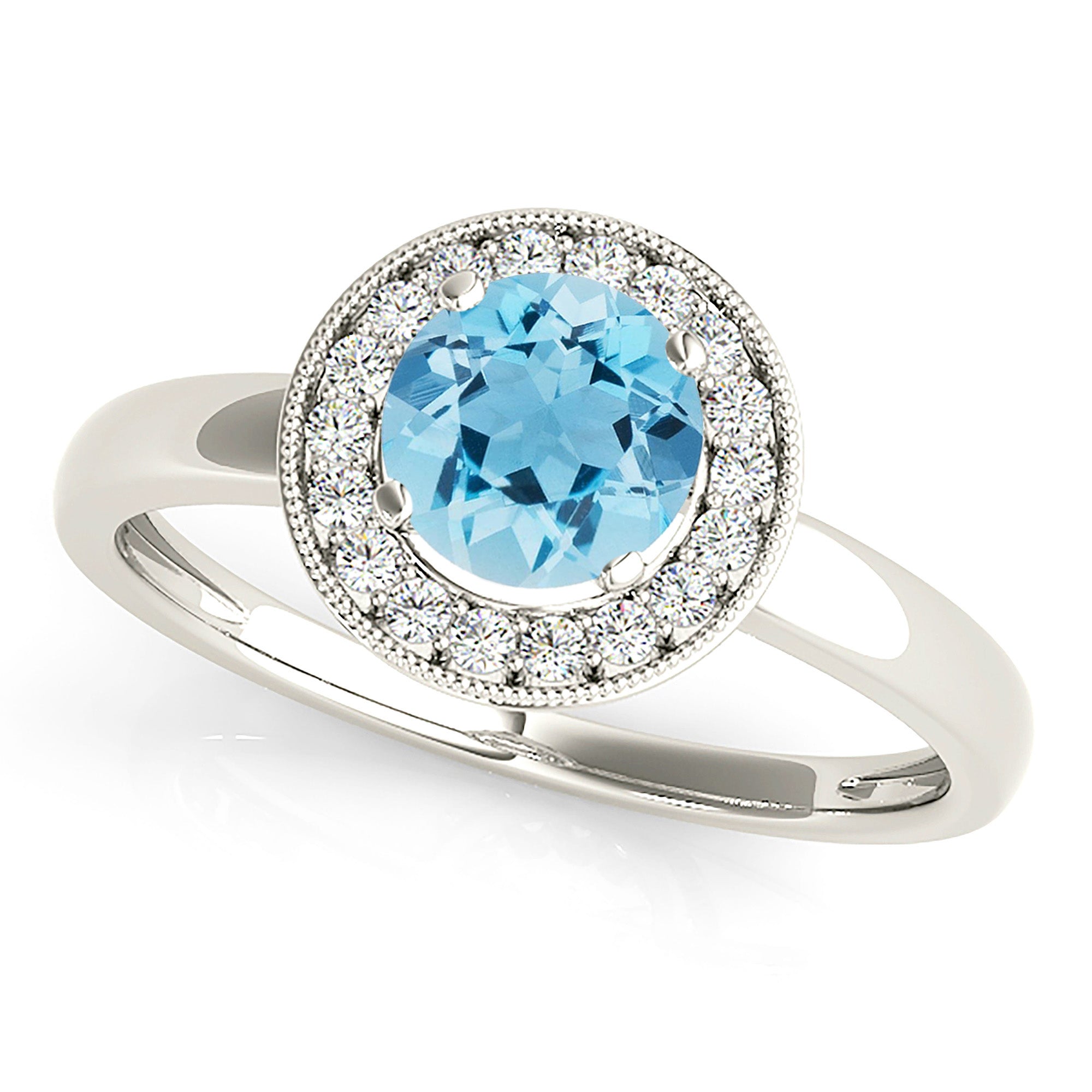 1.10 ct. Genuine Aquamarine Ring With 0.20 ctw. Diamond Bezel Set Halo, Milgrain Design, Solid Gold Band | Round Blue Aquamarine Halo Ring-VIRABYANI
