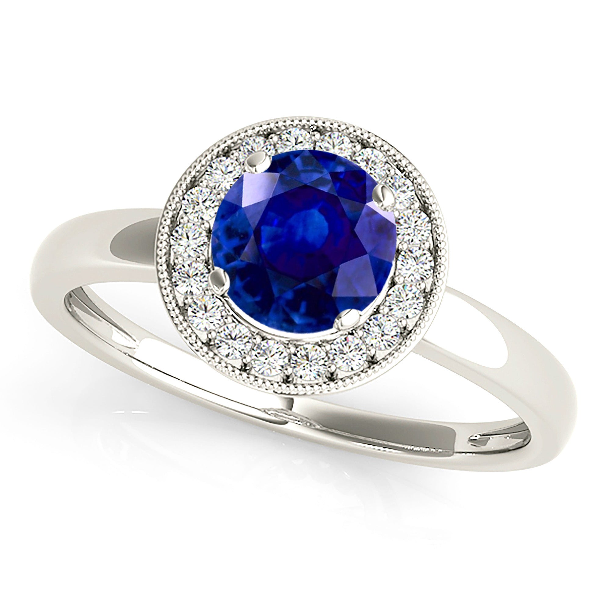 1.35 ct. Genuine Blue Sapphire Solitaire Milgrain Halo Ring With 0.20 ctw Side Diamonds-VIRABYANI