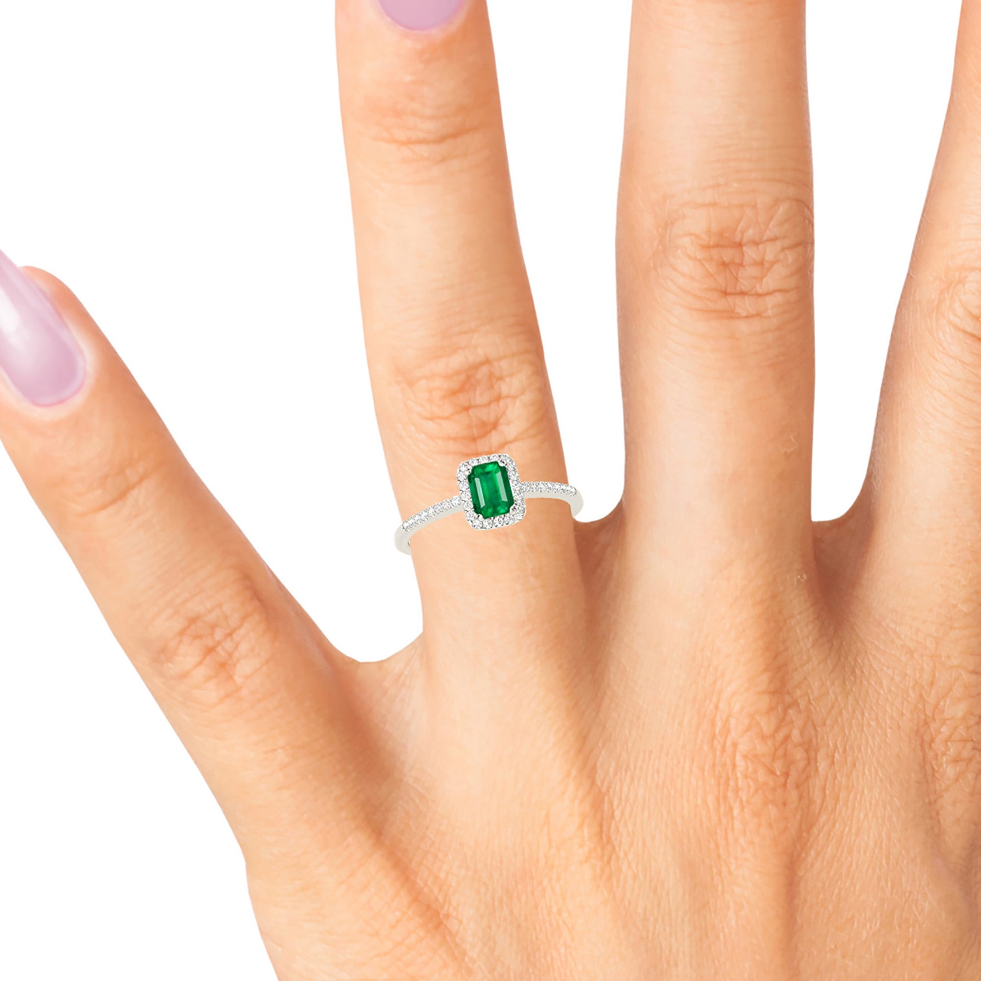 0.65 ct. Genuine Emerald Ring With 0.20 ctw. Diamond Halo and Diamond Delicate Shank-VIRABYANI