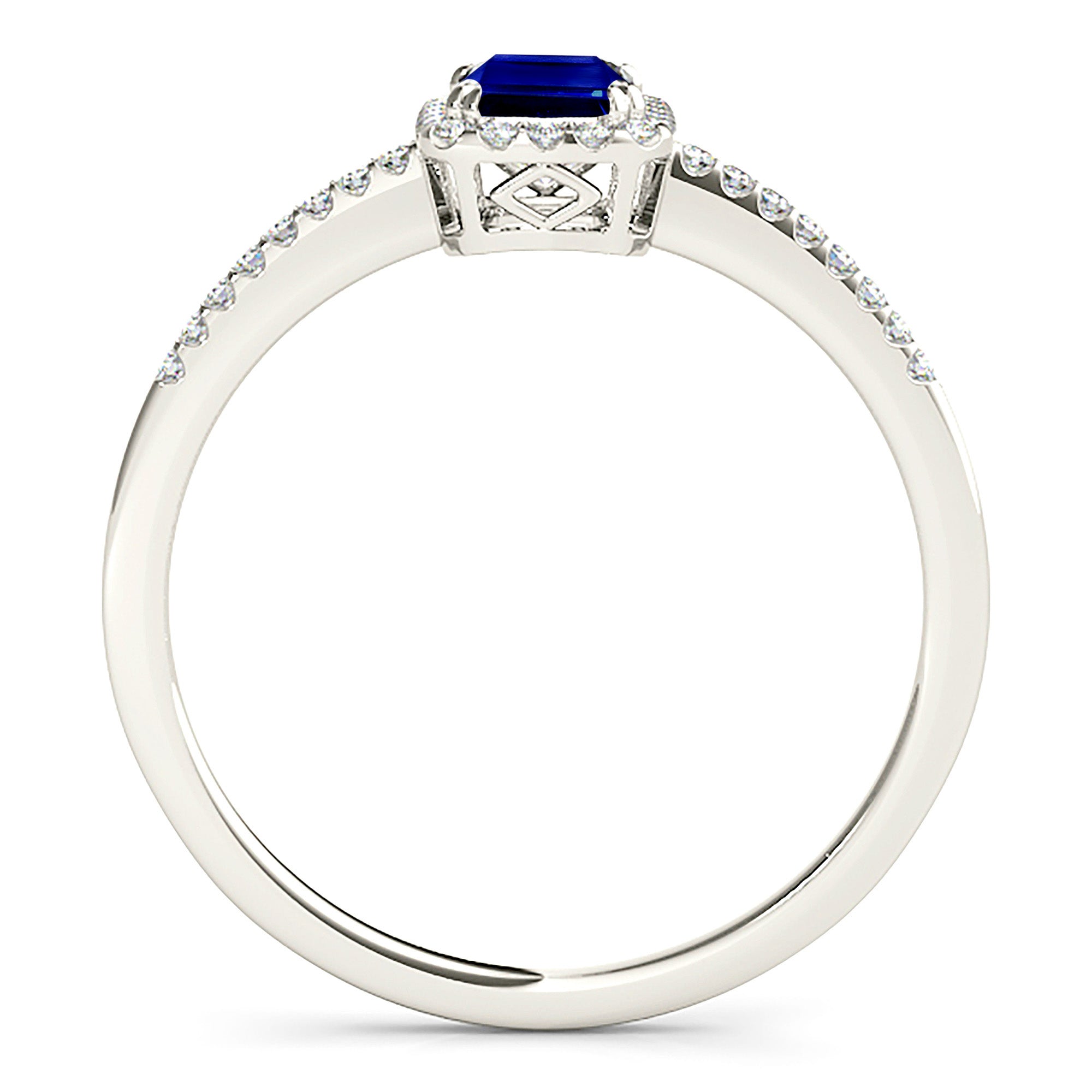 0.70 ct. Genuine Blue Emerald Cut Sapphire Ring With 0.20 ctw. Diamond Halo, Dainty Diamond Band| Natural Sapphire And Diamond Gemstone Ring-VIRABYANI