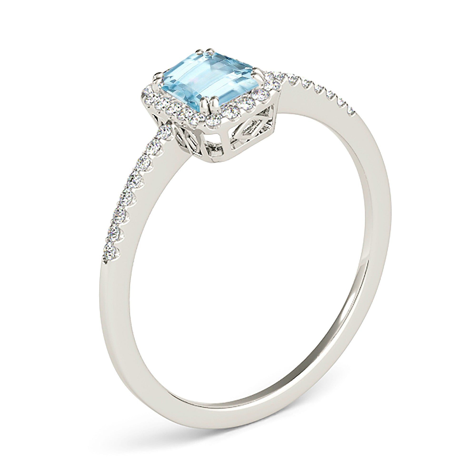 0.64 ct. Genuine Emerald Cut Aquamarine Ring With 0.20 ctw. Diamond Halo, Dainty Elegant Diamond Halo |Emerald Cut Blue Aquamarine Halo Ring-VIRABYANI