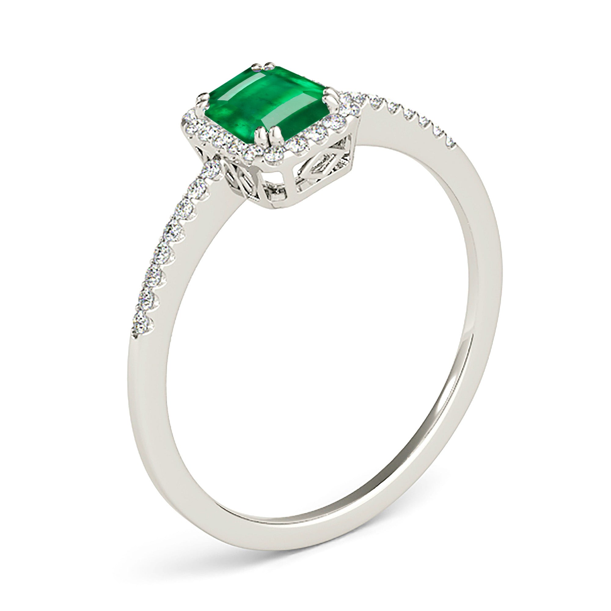 0.65 ct. Genuine Emerald Ring With 0.20 ctw. Diamond Halo and Diamond Delicate Shank-VIRABYANI