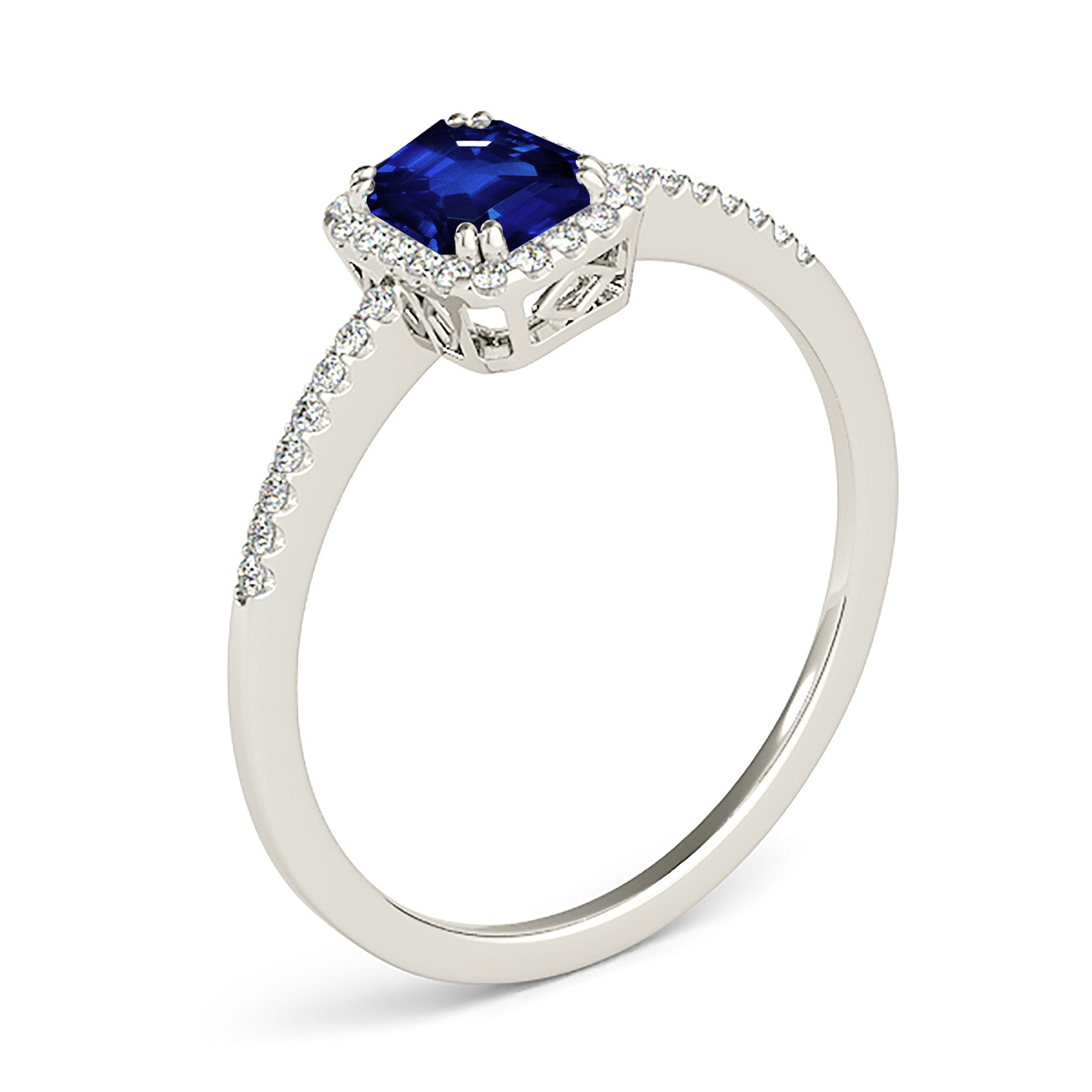 0.70 ct. Genuine Blue Emerald Cut Sapphire Ring With 0.20 ctw. Diamond Halo, Dainty Diamond Band| Natural Sapphire And Diamond Gemstone Ring-VIRABYANI
