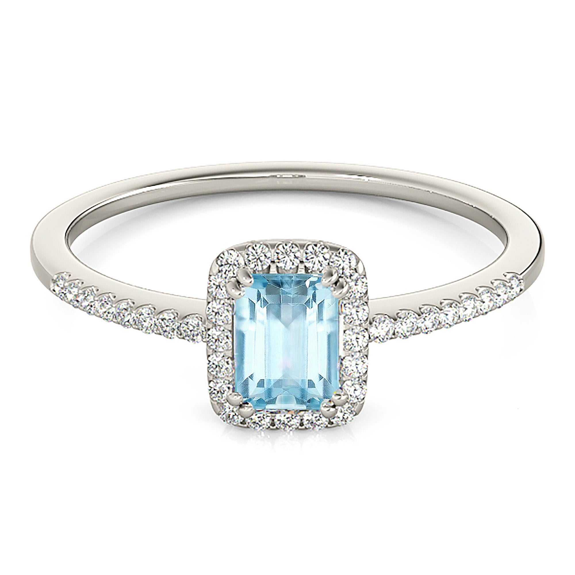 0.64 ct. Genuine Emerald Cut Aquamarine Ring With 0.20 ctw. Diamond Halo, Dainty Elegant Diamond Halo |Emerald Cut Blue Aquamarine Halo Ring-VIRABYANI