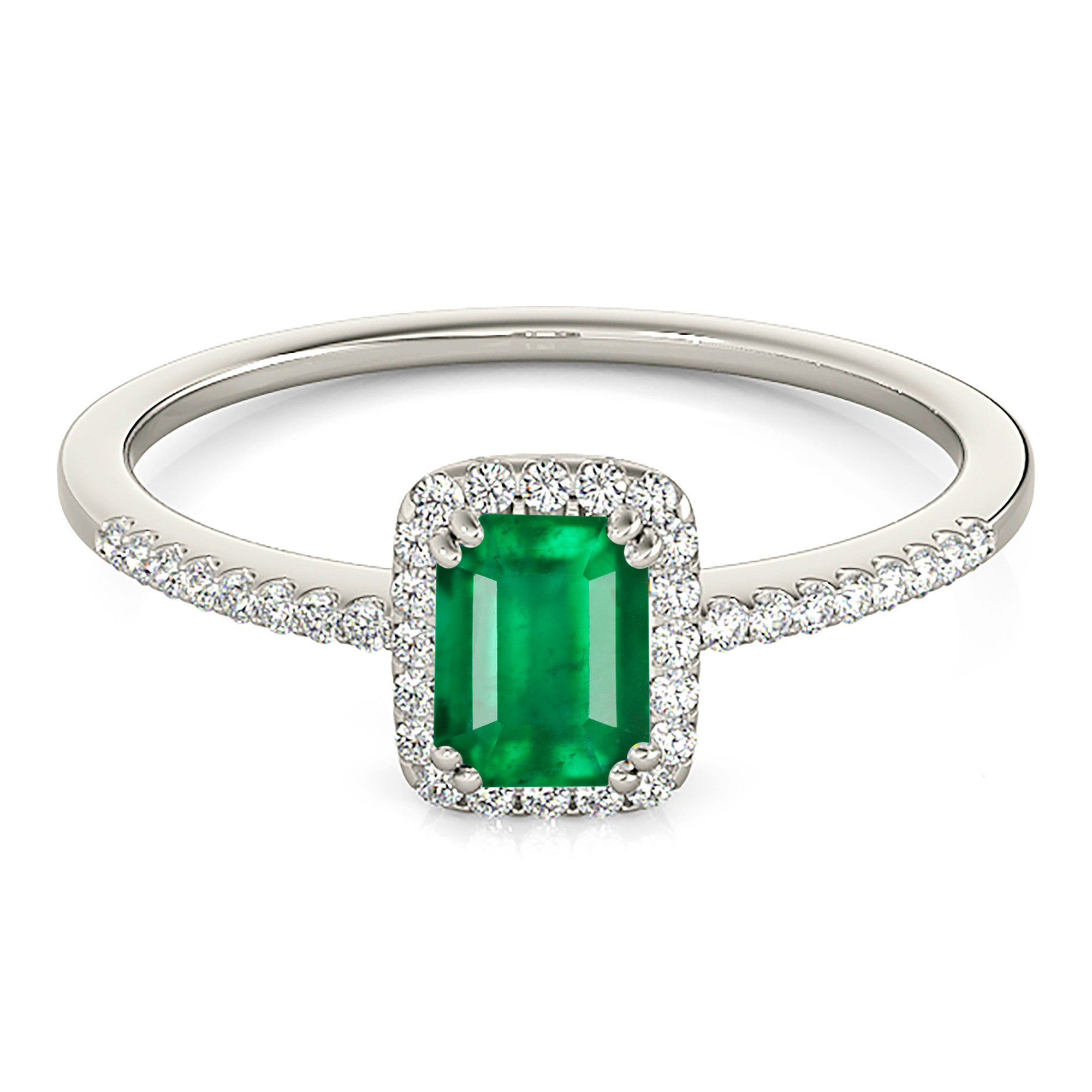 0.65 ct. Genuine Emerald Ring With 0.20 ctw. Diamond Halo and Diamond Delicate Shank-VIRABYANI