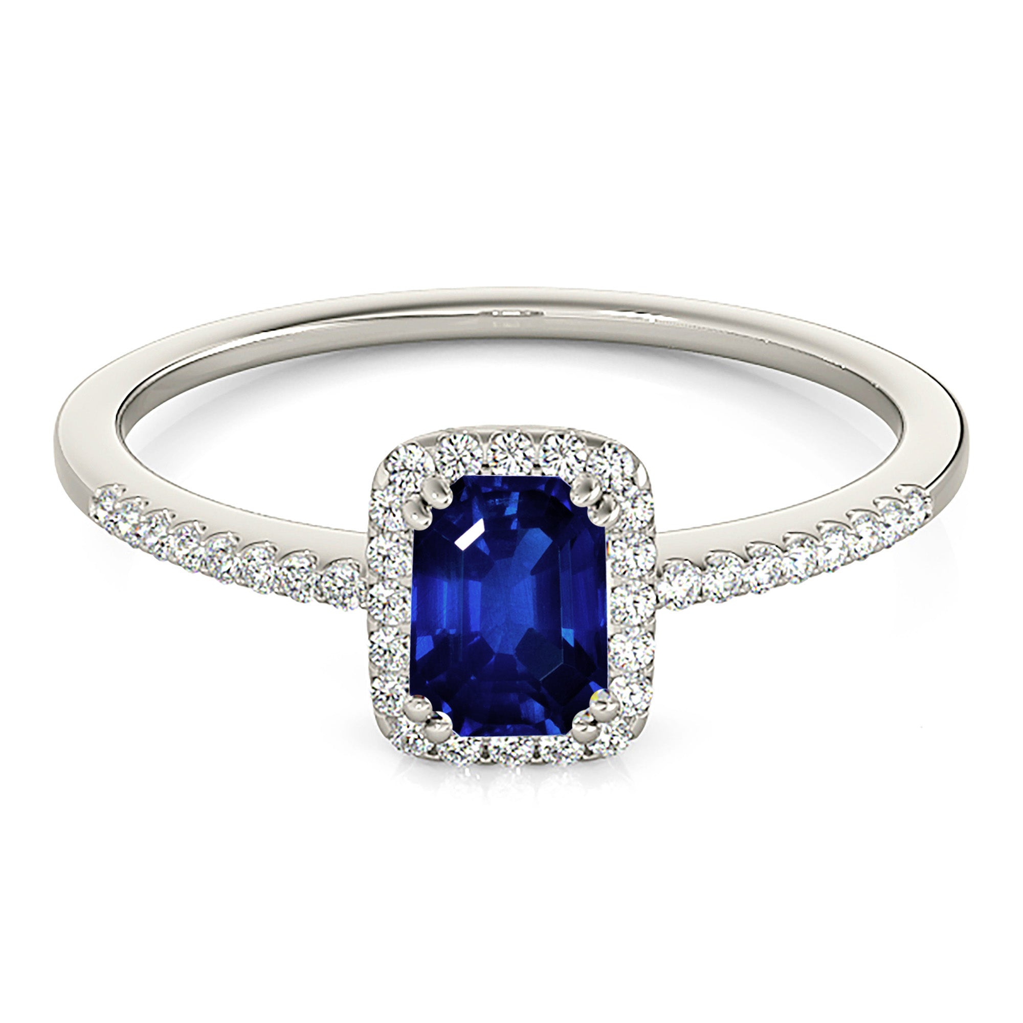 0.70 ct. Genuine Blue Emerald Cut Sapphire Ring With 0.20 ctw. Diamond Halo, Dainty Diamond Band| Natural Sapphire And Diamond Gemstone Ring-VIRABYANI