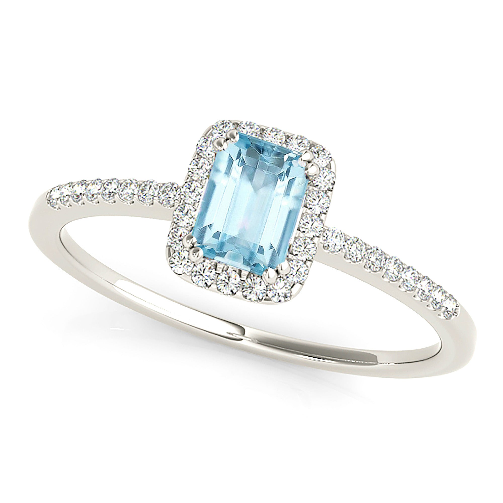 0.64 ct. Genuine Emerald Cut Aquamarine Ring With 0.20 ctw. Diamond Halo, Dainty Elegant Diamond Halo |Emerald Cut Blue Aquamarine Halo Ring-VIRABYANI