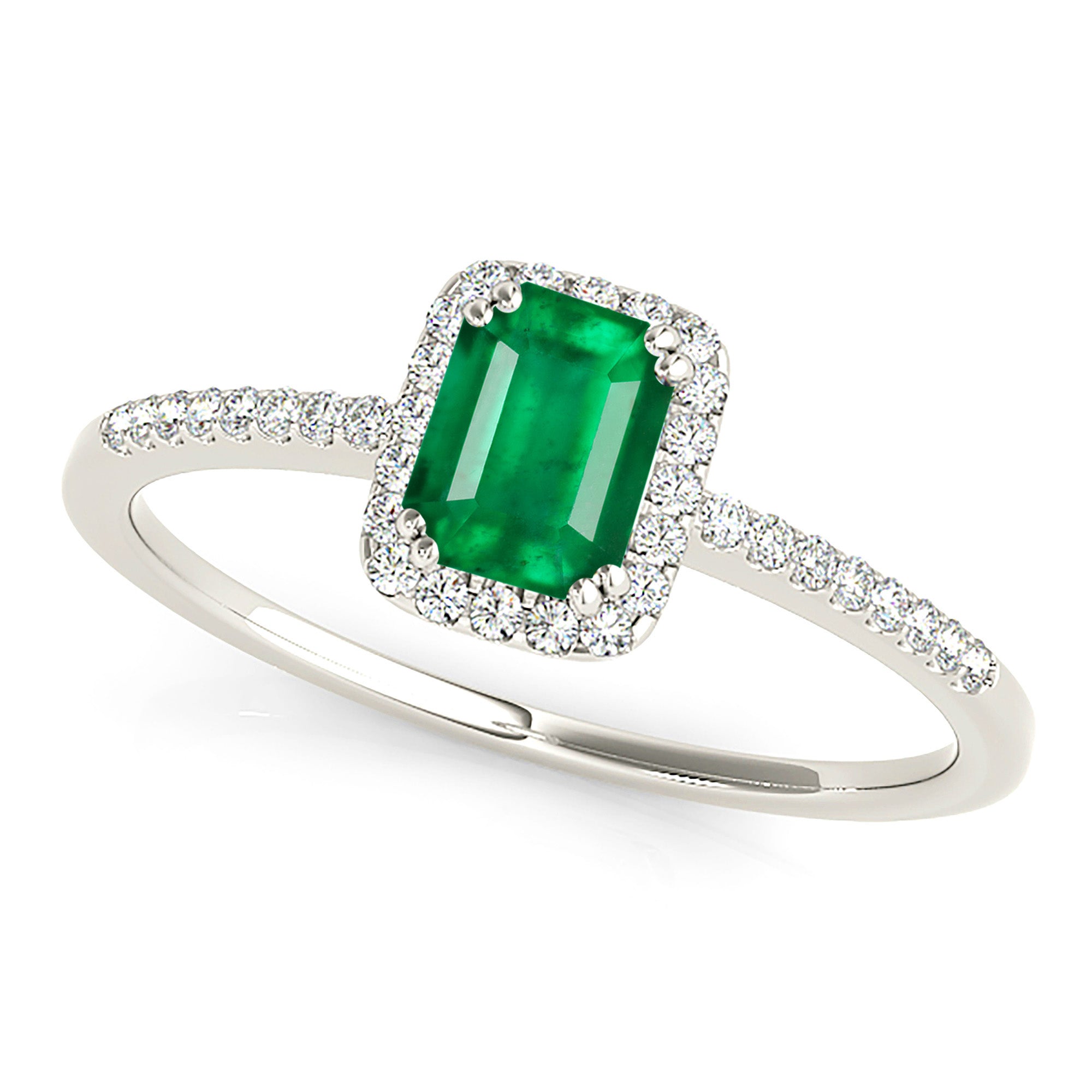 0.65 ct. Genuine Emerald Ring With 0.20 ctw. Diamond Halo and Diamond Delicate Shank-in 14K/18K White, Yellow, Rose Gold and Platinum - Christmas Jewelry Gift -VIRABYANI