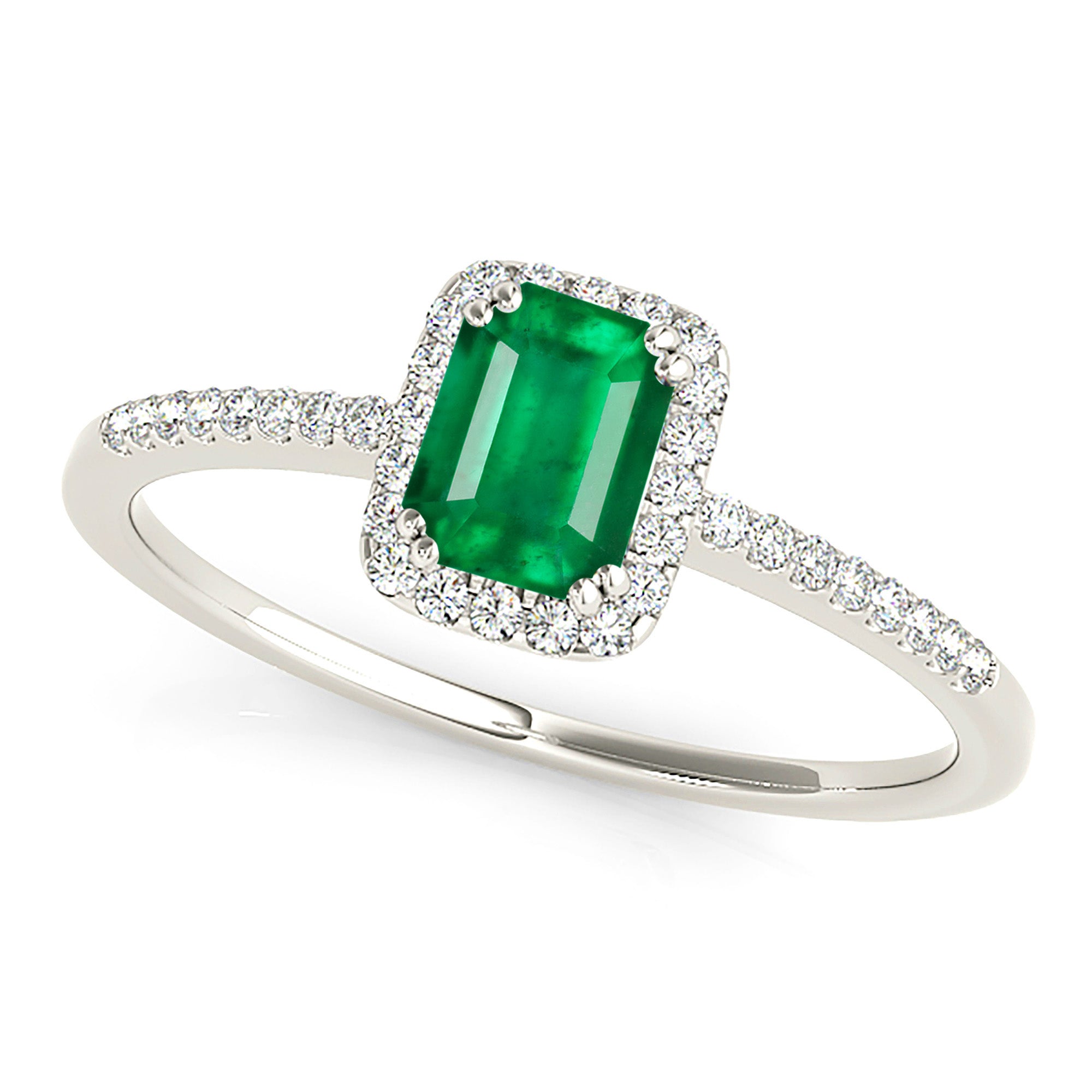 0.65 ct. Genuine Emerald Ring With 0.20 ctw. Diamond Halo and Diamond Delicate Shank-VIRABYANI