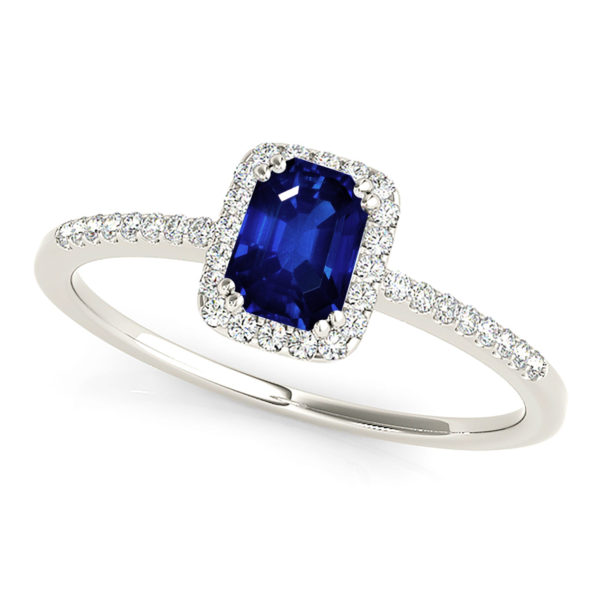 0.70 ct. Genuine Blue Emerald Cut Sapphire Ring With 0.20 ctw. Diamond Halo, Dainty Diamond Band| Natural Sapphire And Diamond Gemstone Ring-in 14K/18K White, Yellow, Rose Gold and Platinum - Christmas Jewelry Gift -VIRABYANI