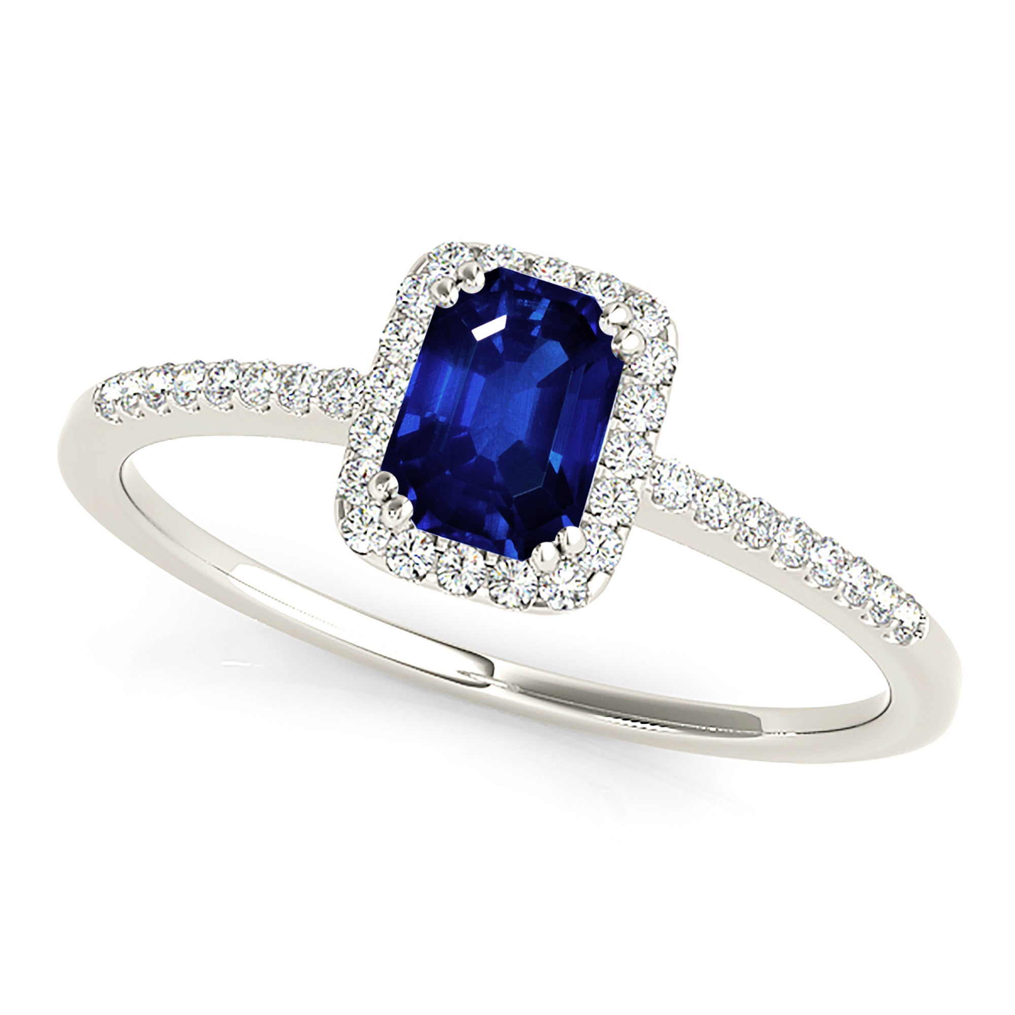 0.70 ct. Genuine Blue Emerald Cut Sapphire Ring With 0.20 ctw. Diamond Halo, Dainty Diamond Band| Natural Sapphire And Diamond Gemstone Ring-VIRABYANI
