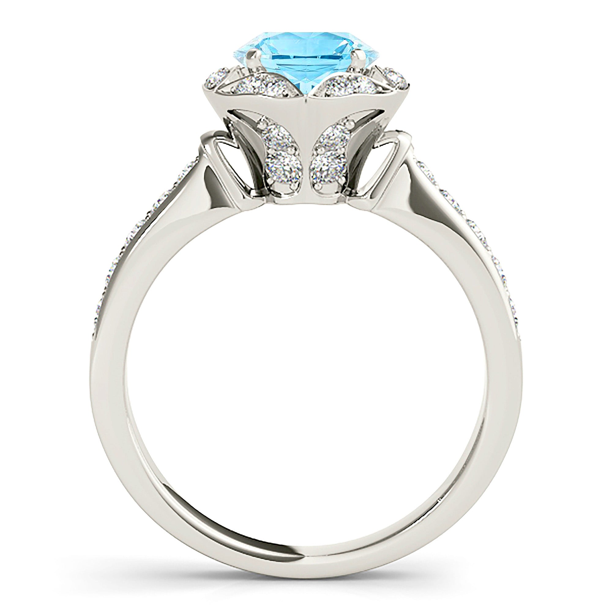 1.10 ct. Genuine Aquamarine Ring With 0.40 ctw. Diamond Floral Halo, Fancy Diamond Basket and Diamond Band | Round Blue Aquamarine Halo Ring-VIRABYANI