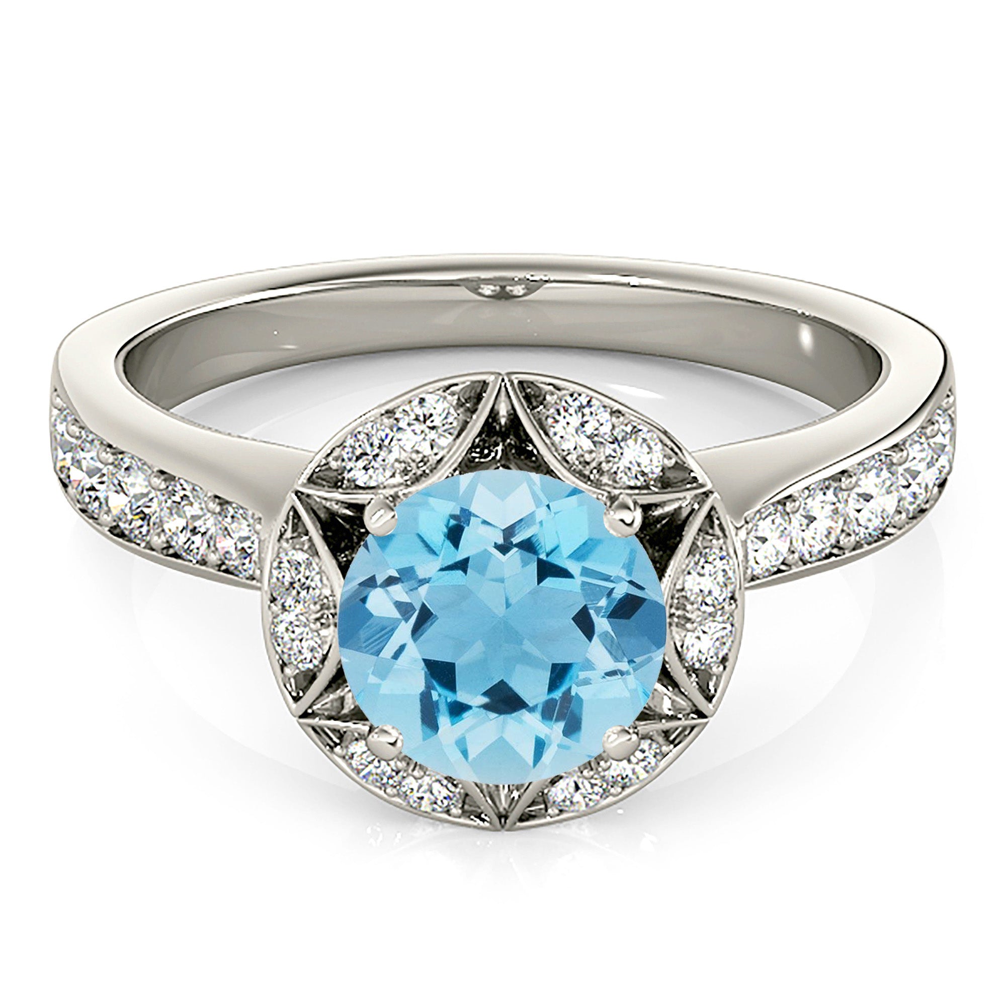 1.10 ct. Genuine Aquamarine Ring With 0.40 ctw. Diamond Floral Halo, Fancy Diamond Basket and Diamond Band | Round Blue Aquamarine Halo Ring-VIRABYANI
