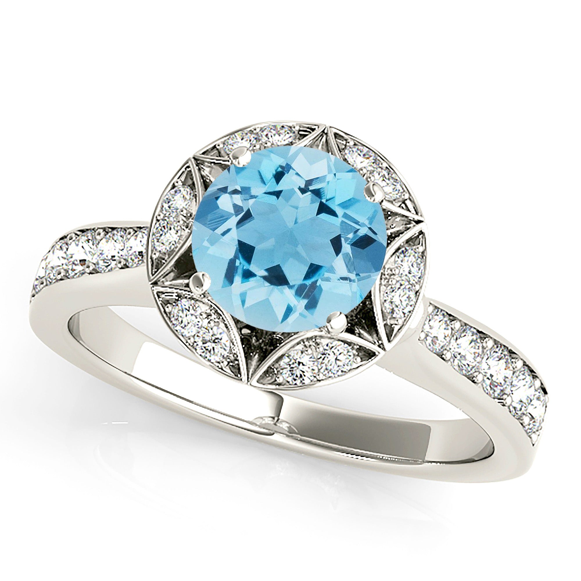 1.10 ct. Genuine Aquamarine Ring With 0.40 ctw. Diamond Floral Halo, Fancy Diamond Basket and Diamond Band | Round Blue Aquamarine Halo Ring-VIRABYANI