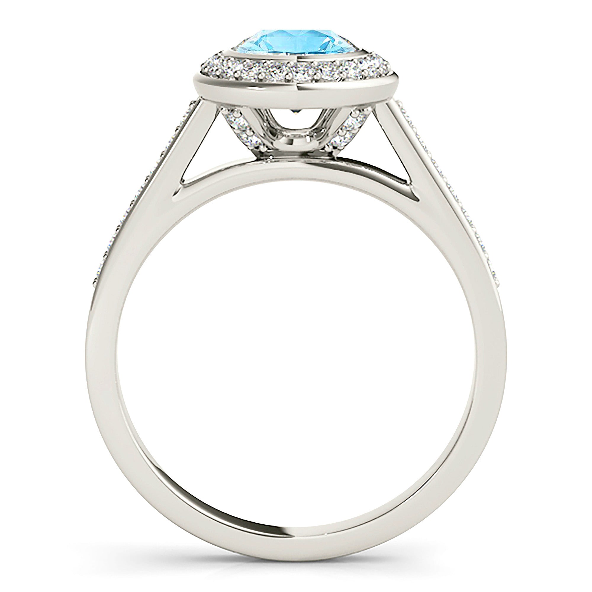 1.10 ct. Genuine Aquamarine Ring With 0.25 ctw. Diamond Bezel Set Halo and Delicate Diamond Band | Round Blue Aquamarine Halo Ring-VIRABYANI