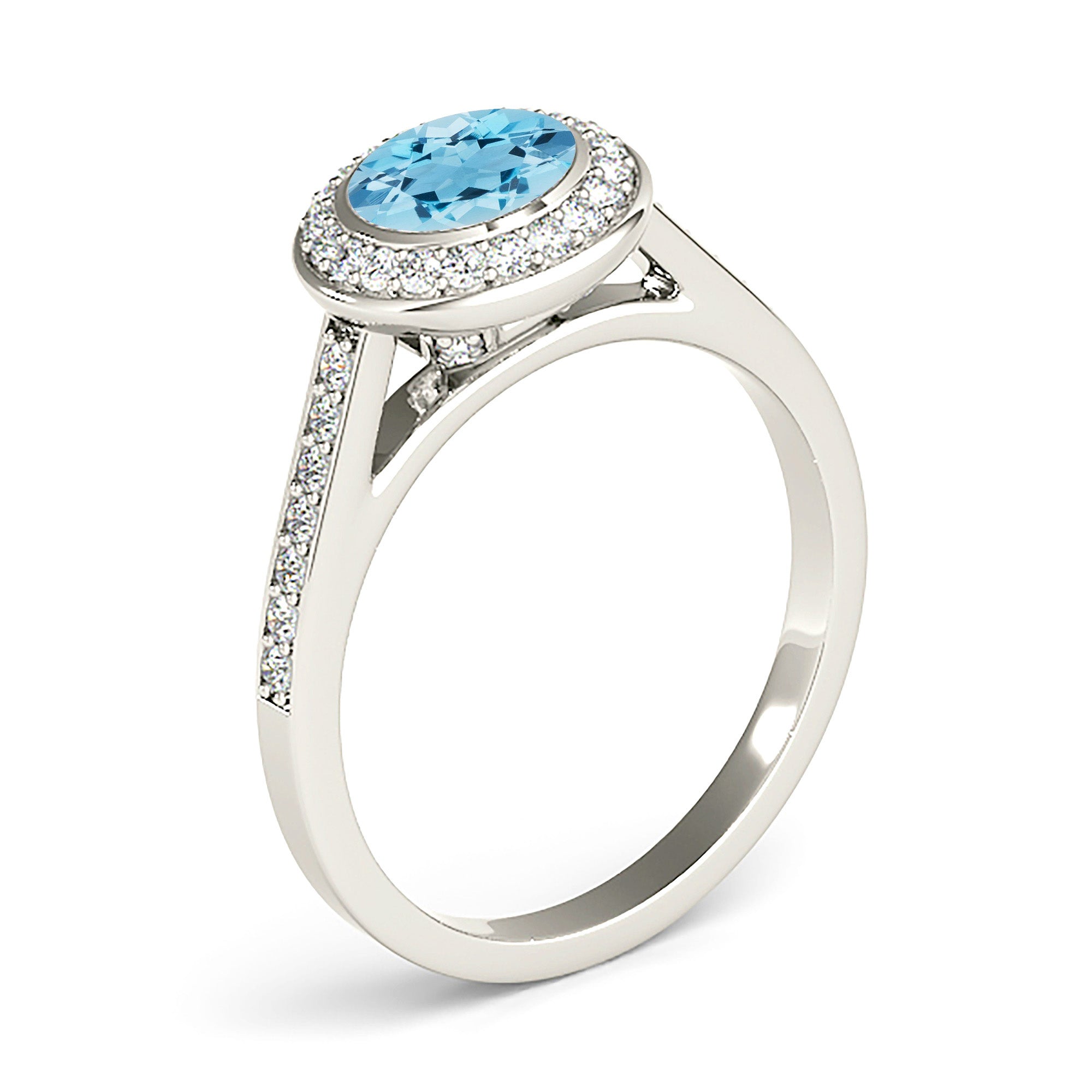 1.10 ct. Genuine Aquamarine Ring With 0.25 ctw. Diamond Bezel Set Halo and Delicate Diamond Band | Round Blue Aquamarine Halo Ring-VIRABYANI