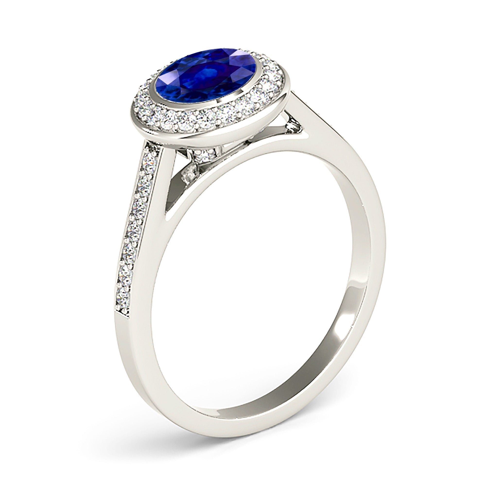 1.35 ct. Genuine Blue Sapphire Halo Ring With 0.25 ctw. Under Halo And Side Diamonds-VIRABYANI