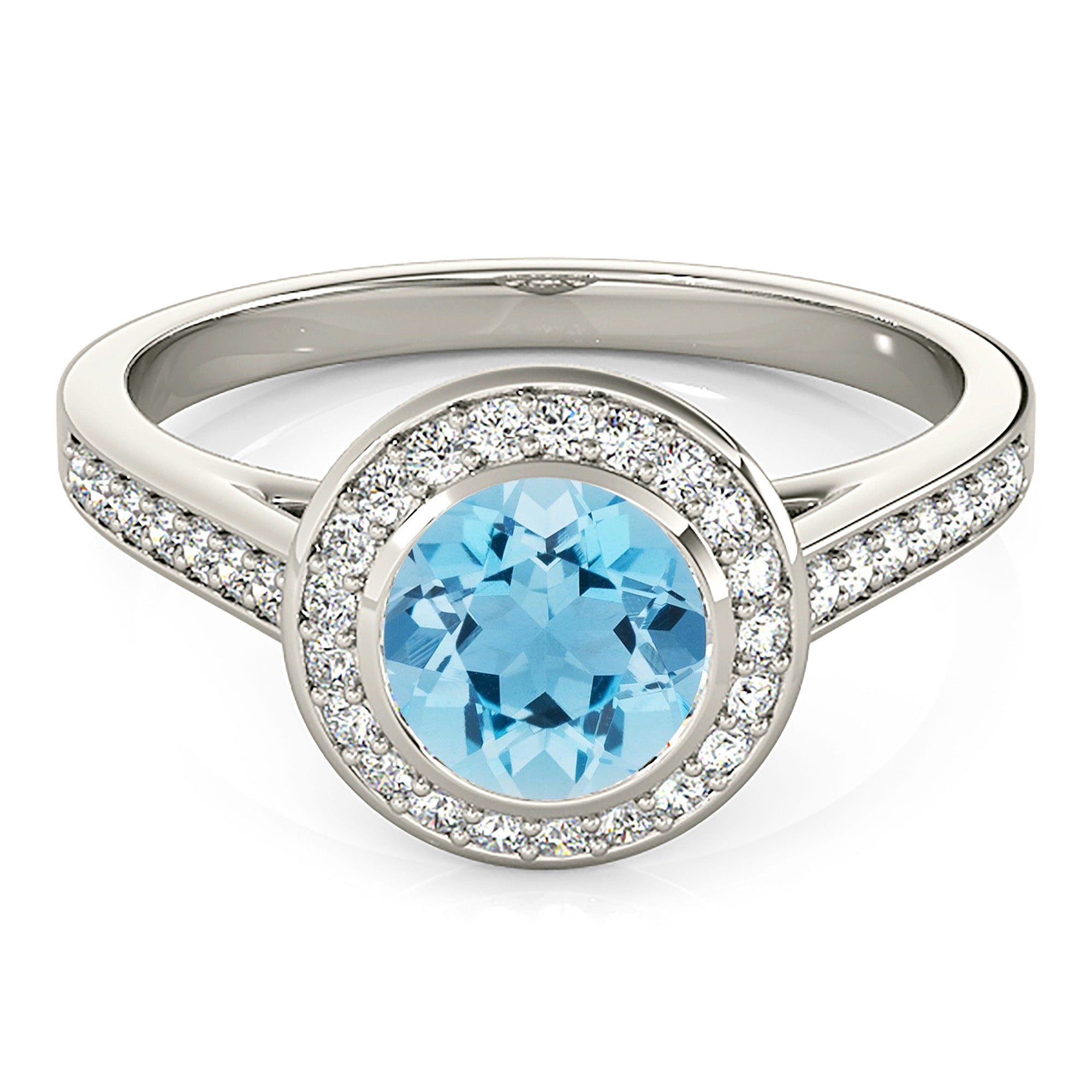 1.10 ct. Genuine Aquamarine Ring With 0.25 ctw. Diamond Bezel Set Halo and Delicate Diamond Band | Round Blue Aquamarine Halo Ring-VIRABYANI