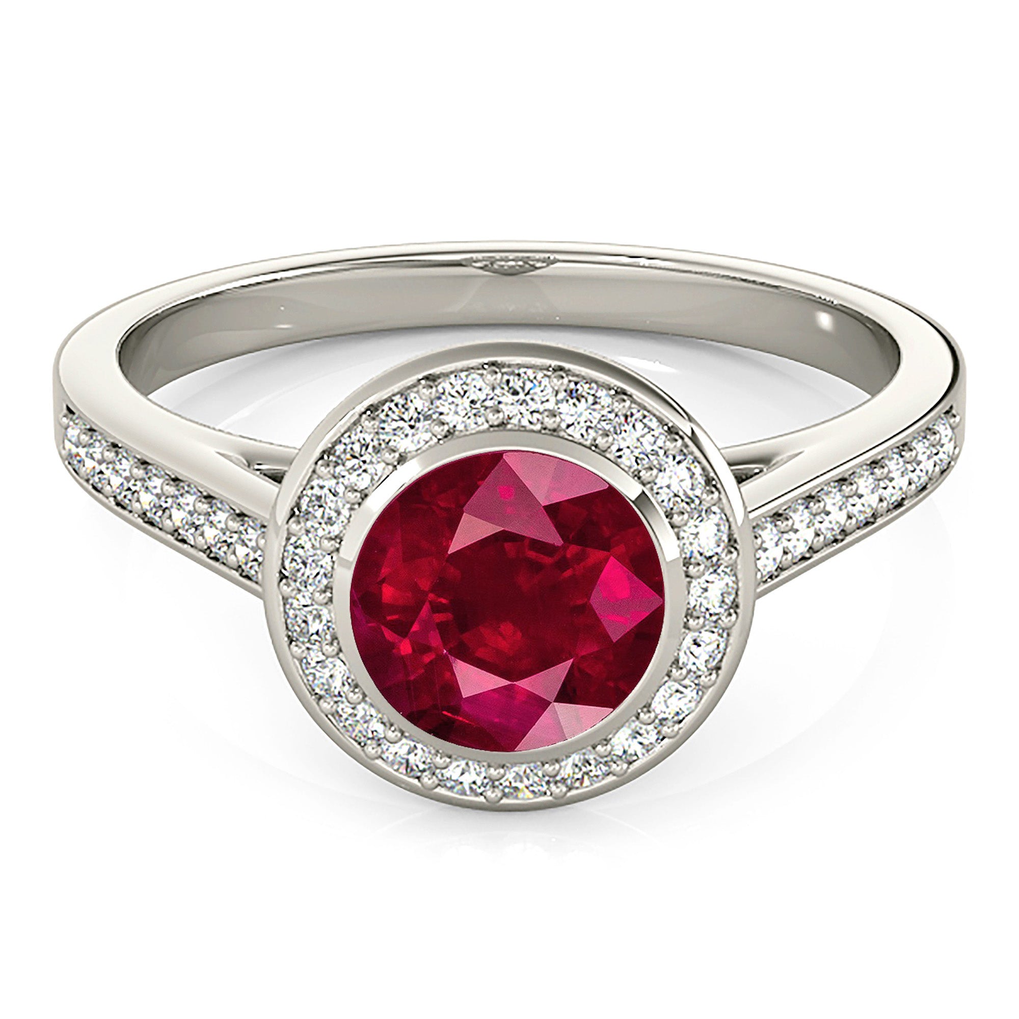 1.35 ct. Genuine Ruby Ring With 0.25 ctw. Diamond Halo, Delicate Diamond Band, Elegant Halo Ring | Round Ruby Halo Ring | Natural Ruby Ring-VIRABYANI