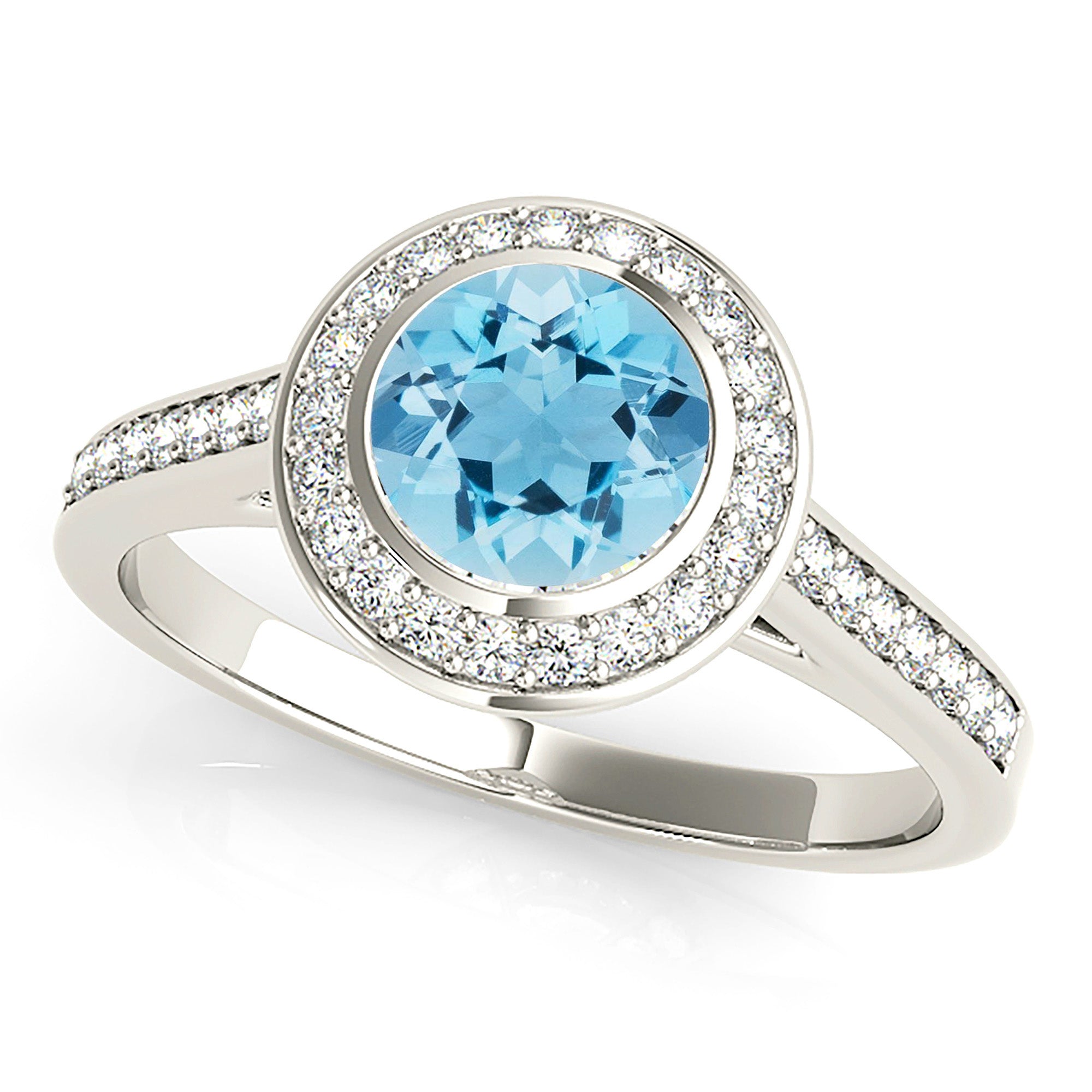 1.10 ct. Genuine Aquamarine Ring With 0.25 ctw. Diamond Bezel Set Halo and Delicate Diamond Band | Round Blue Aquamarine Halo Ring-VIRABYANI