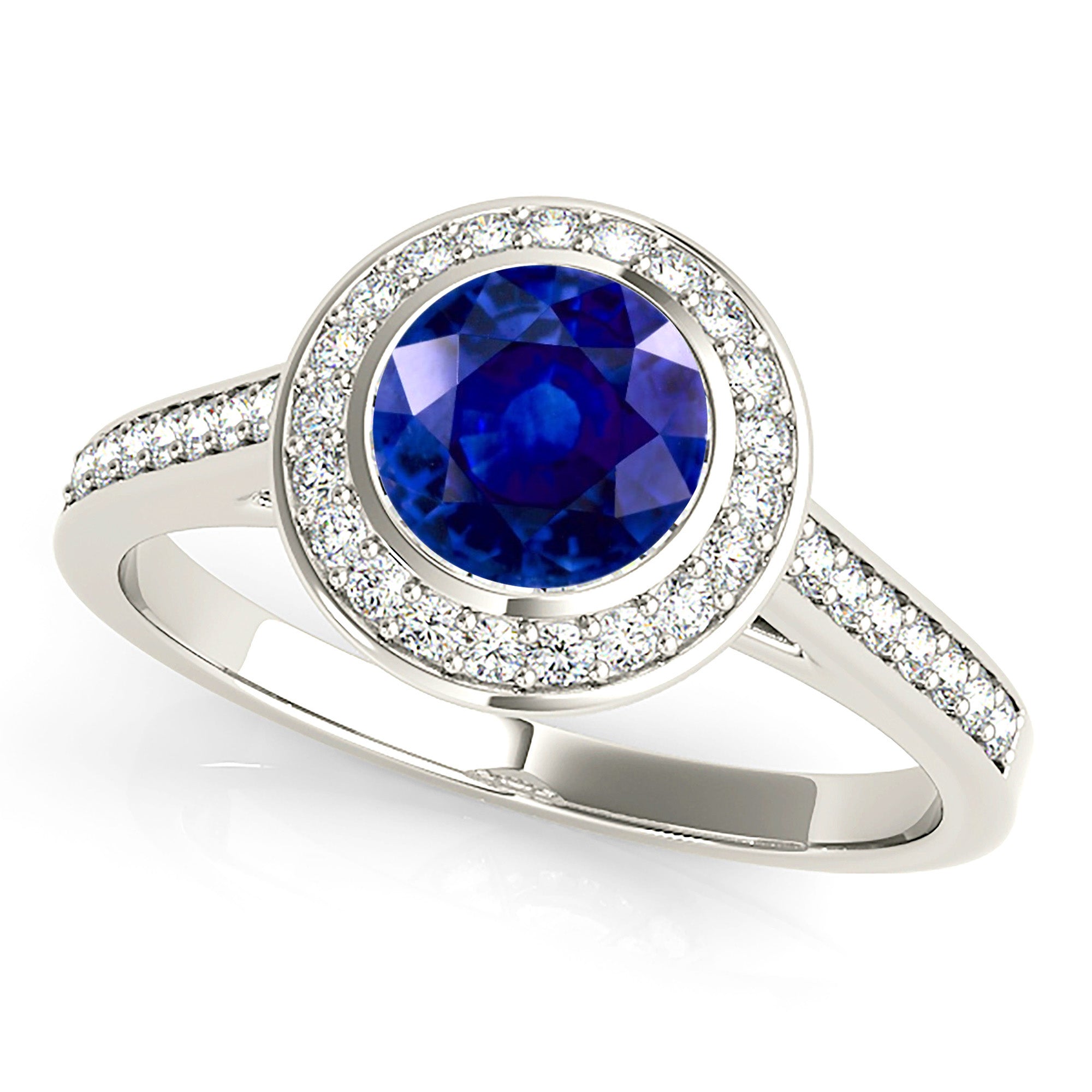 1.35 ct. Genuine Blue Sapphire Halo Ring With 0.25 ctw. Under Halo And Side Diamonds-in 14K/18K White, Yellow, Rose Gold and Platinum - Christmas Jewelry Gift -VIRABYANI
