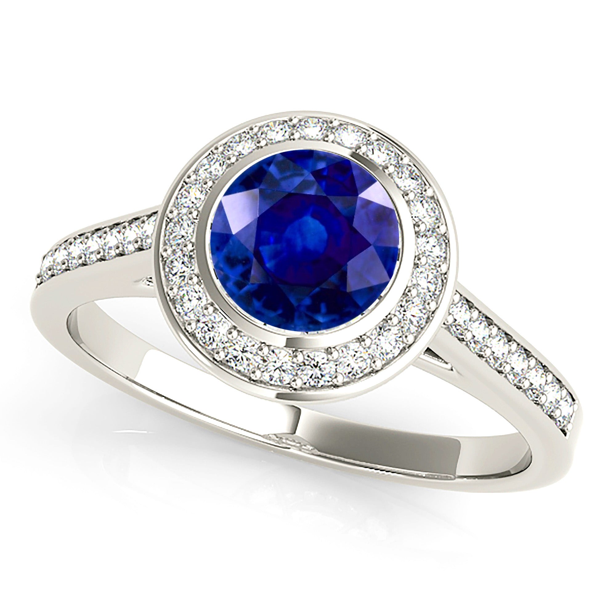 1.35 ct. Genuine Blue Sapphire Halo Ring With 0.25 ctw. Under Halo And Side Diamonds-VIRABYANI