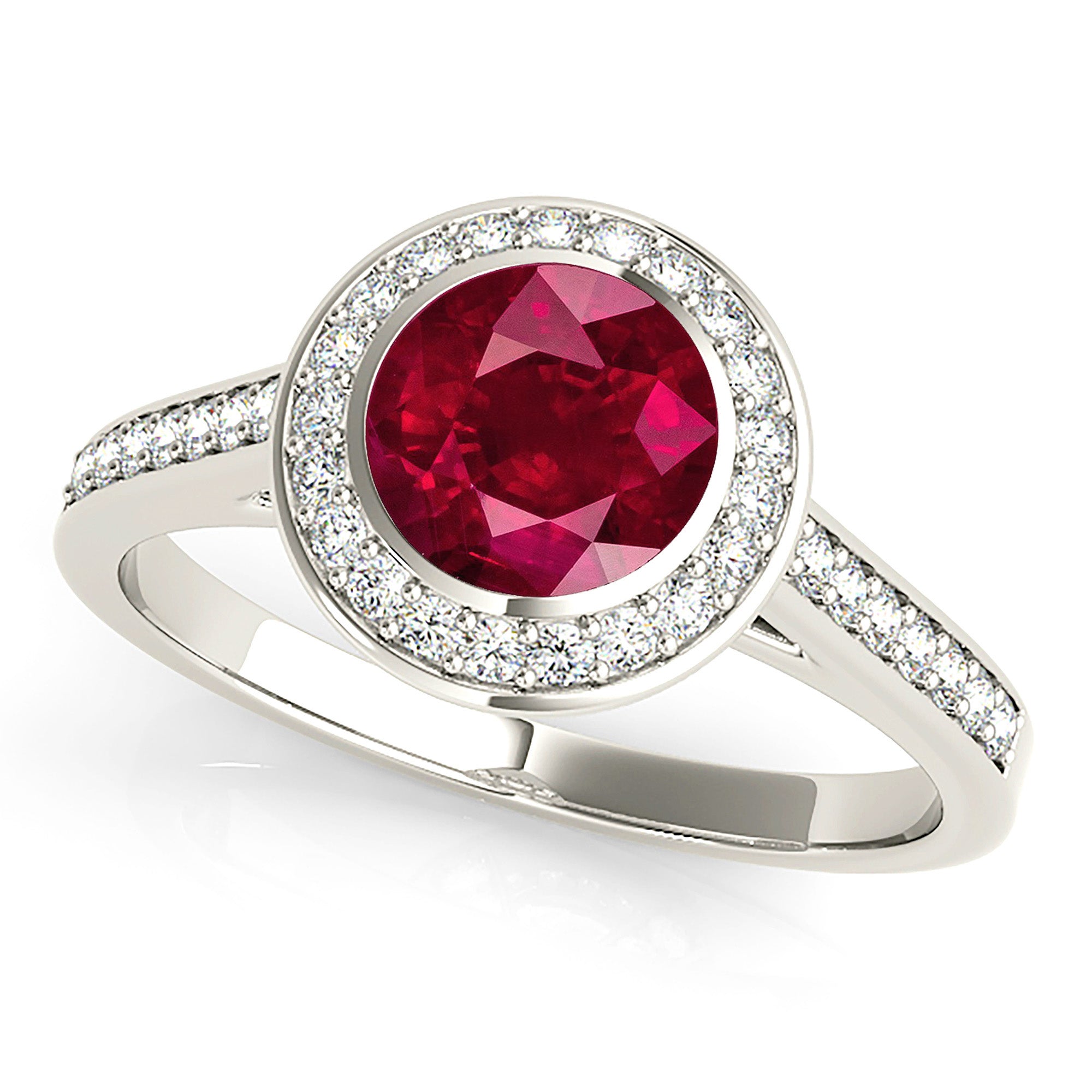 1.35 ct. Genuine Ruby Ring With 0.25 ctw. Diamond Halo, Delicate Diamond Band, Elegant Halo Ring | Round Ruby Halo Ring | Natural Ruby Ring-VIRABYANI
