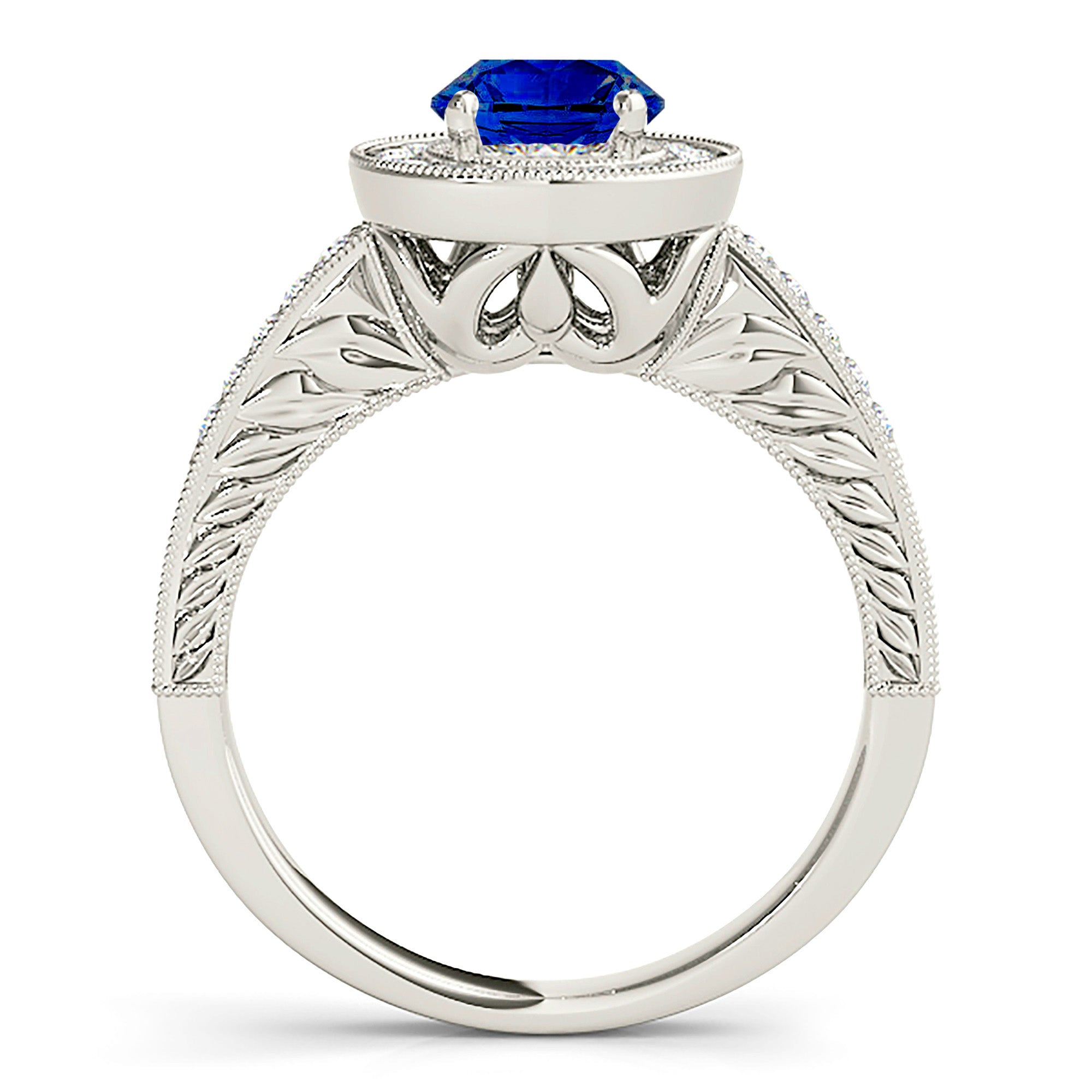 1.46 ct. Genuine Blue Sapphire Milgrain Filigree Halo Ring With 0.30 ctw. Side Diamonds-VIRABYANI
