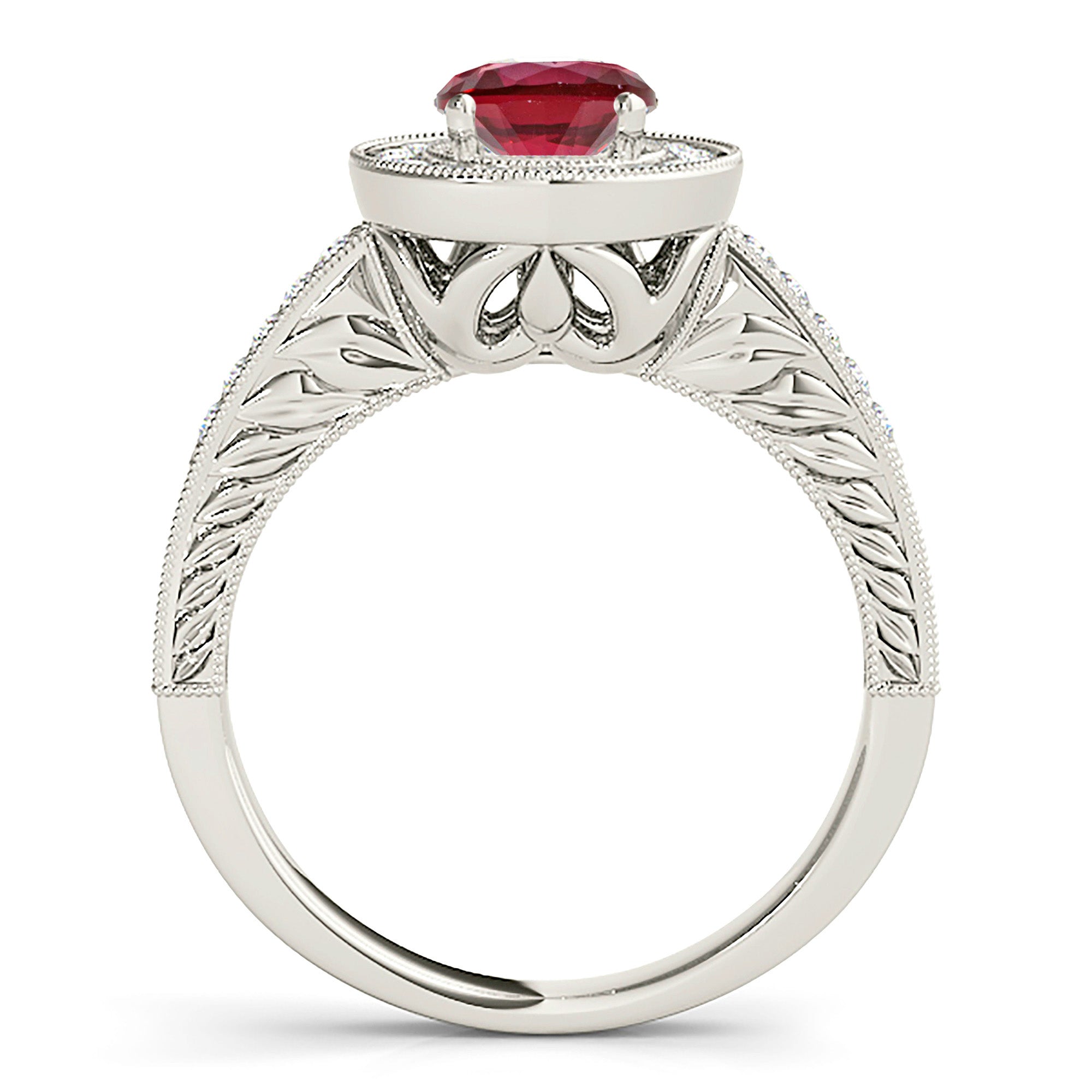 1.45 ct. Genuine Ruby Ring With 0.30 ctw. Milgrain Diamond Halo And Filigree Diamond Band-VIRABYANI