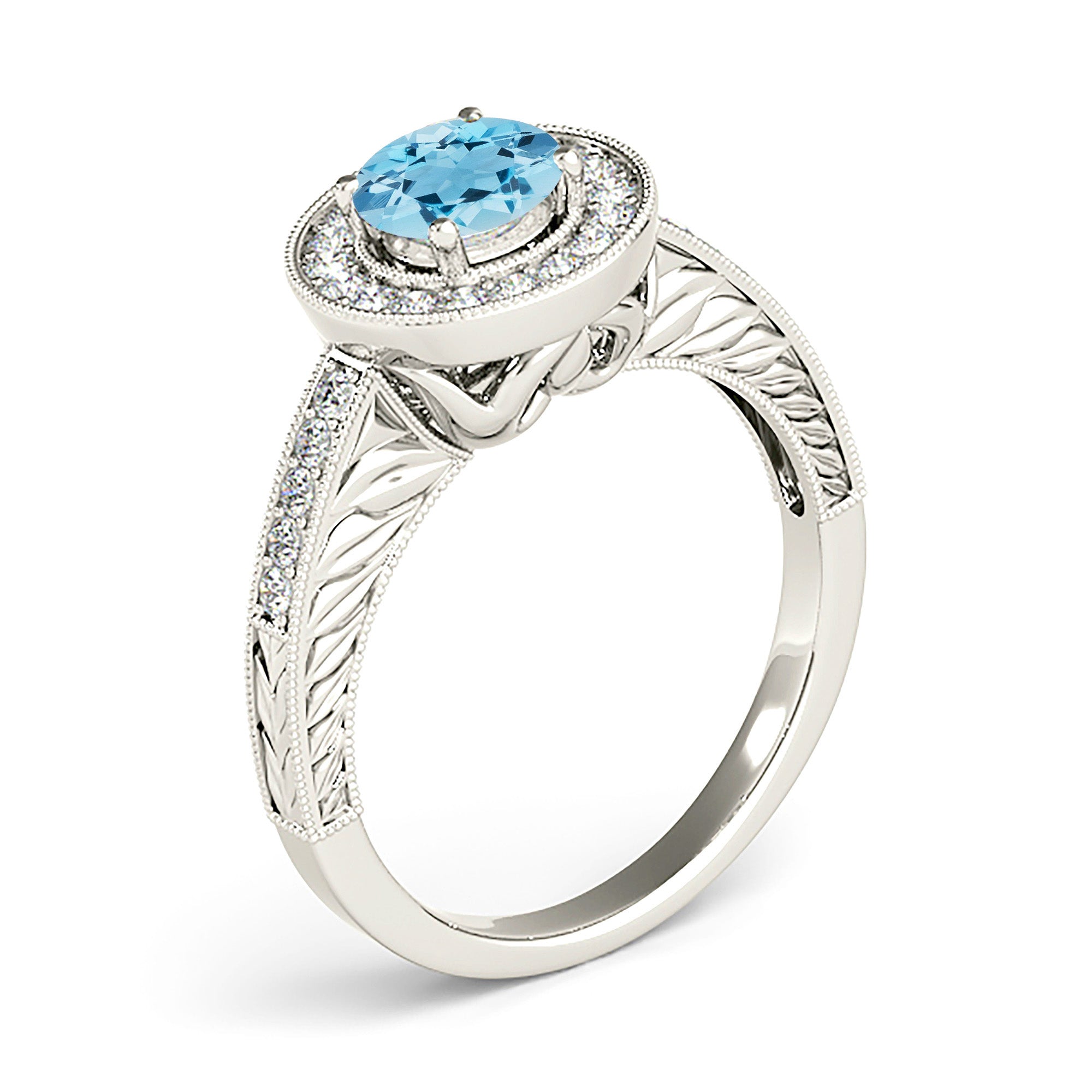 1.63 ct. Genuine Aquamarine Ring With 0.30 ctw. Diamond Milgrain Halo, Filigree Diamond Shank | Round Blue Aquamarine Halo Ring-VIRABYANI