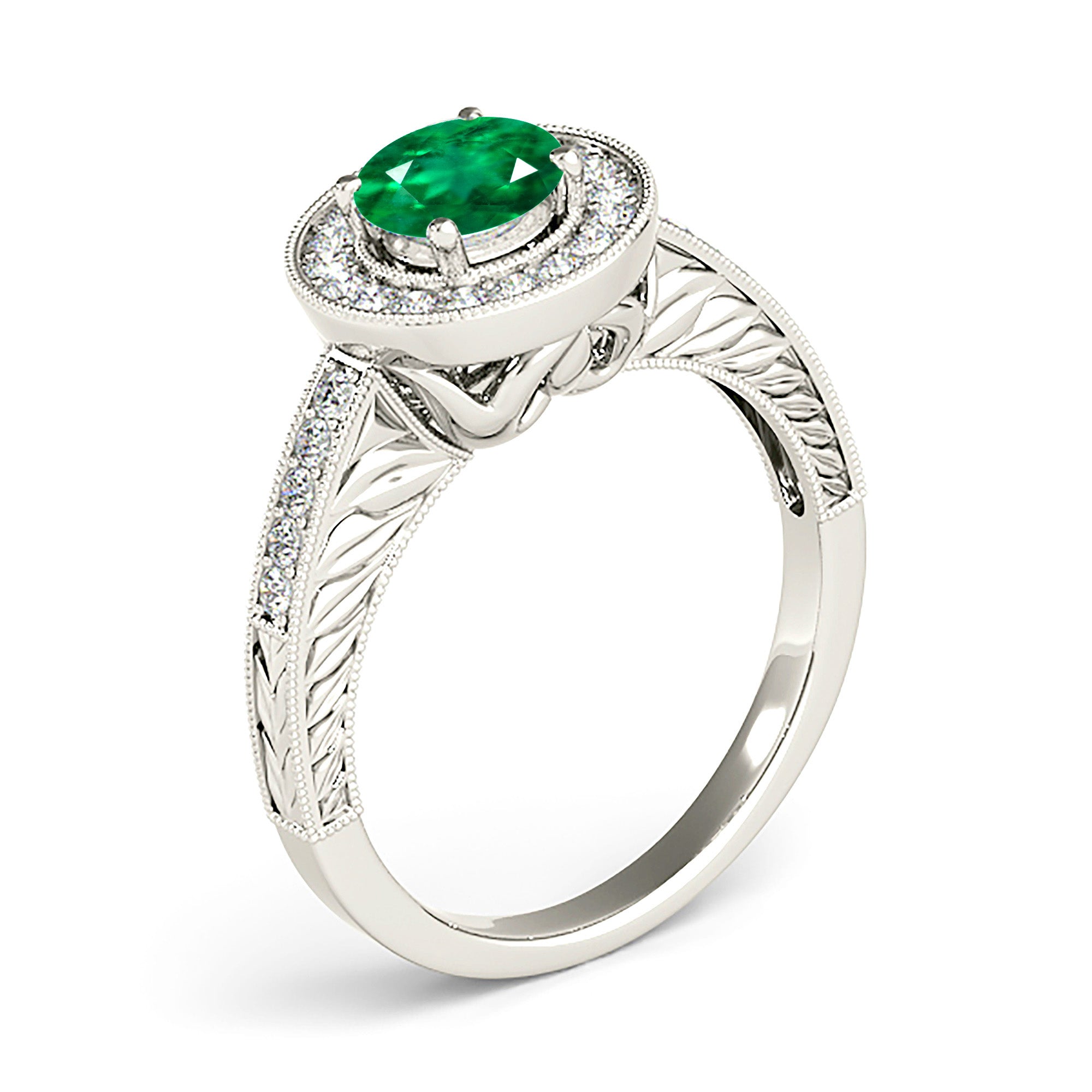 1.68 ct. Genuine Emerald Ring With 0.30 ctw. Diamond Halo and Filigree Milgrain Diamond Band-VIRABYANI