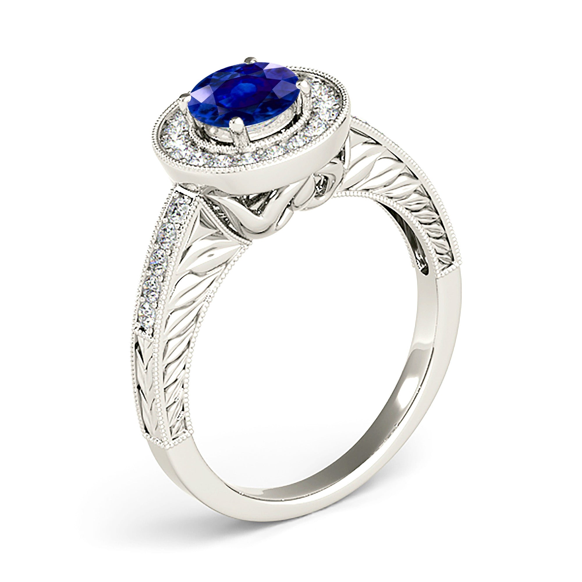 1.46 ct. Genuine Blue Sapphire Milgrain Filigree Halo Ring With 0.30 ctw. Side Diamonds-VIRABYANI