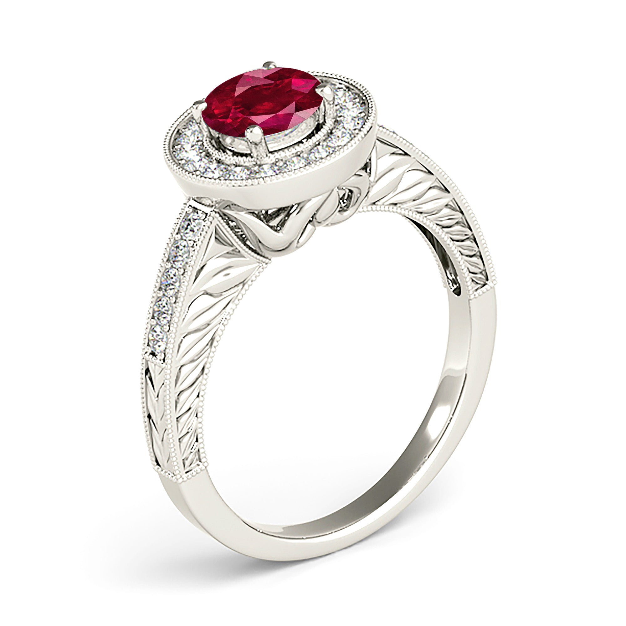 1.45 ct. Genuine Ruby Ring With 0.30 ctw. Milgrain Diamond Halo And Filigree Diamond Band-VIRABYANI