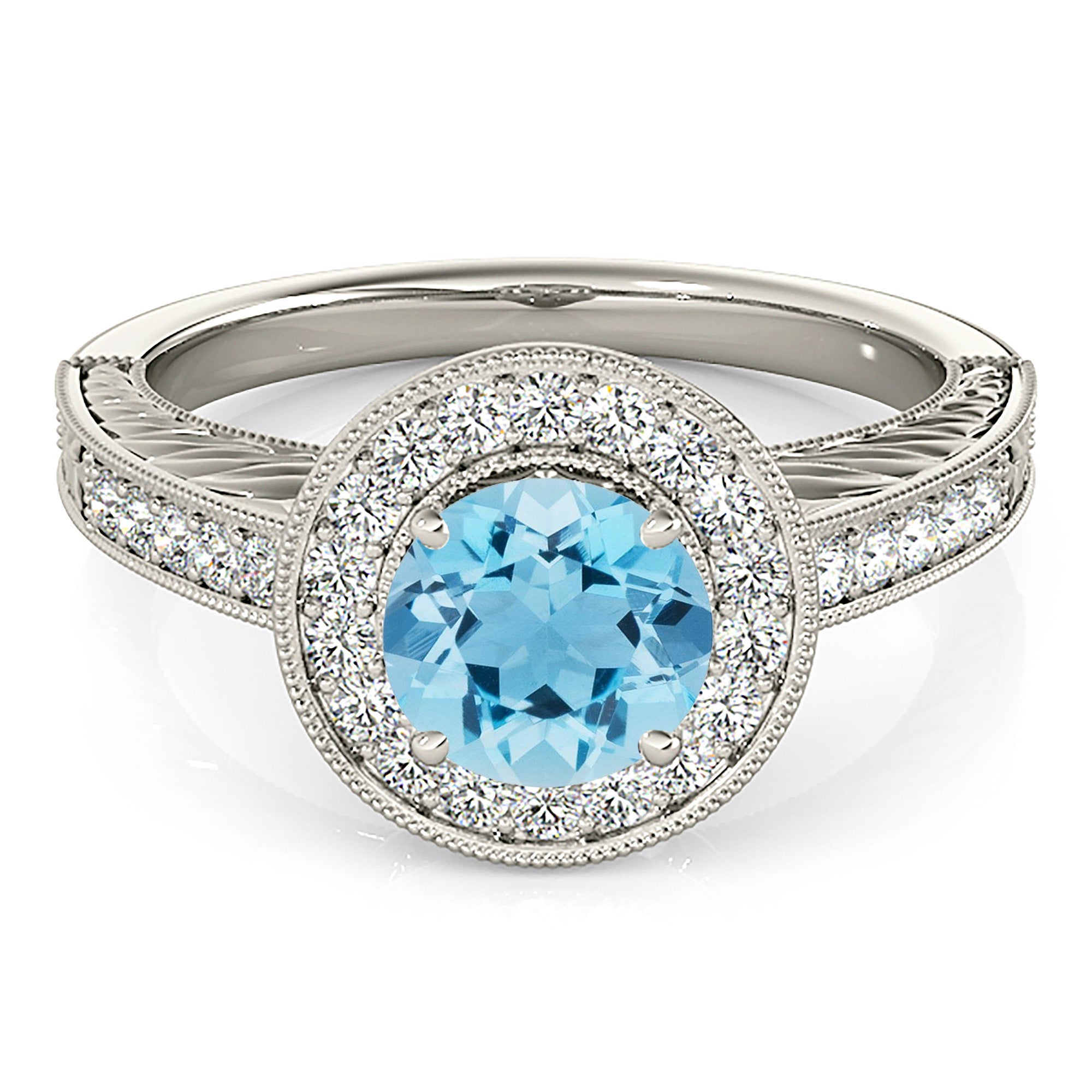 1.63 ct. Genuine Aquamarine Ring With 0.30 ctw. Diamond Milgrain Halo, Filigree Diamond Shank | Round Blue Aquamarine Halo Ring-VIRABYANI