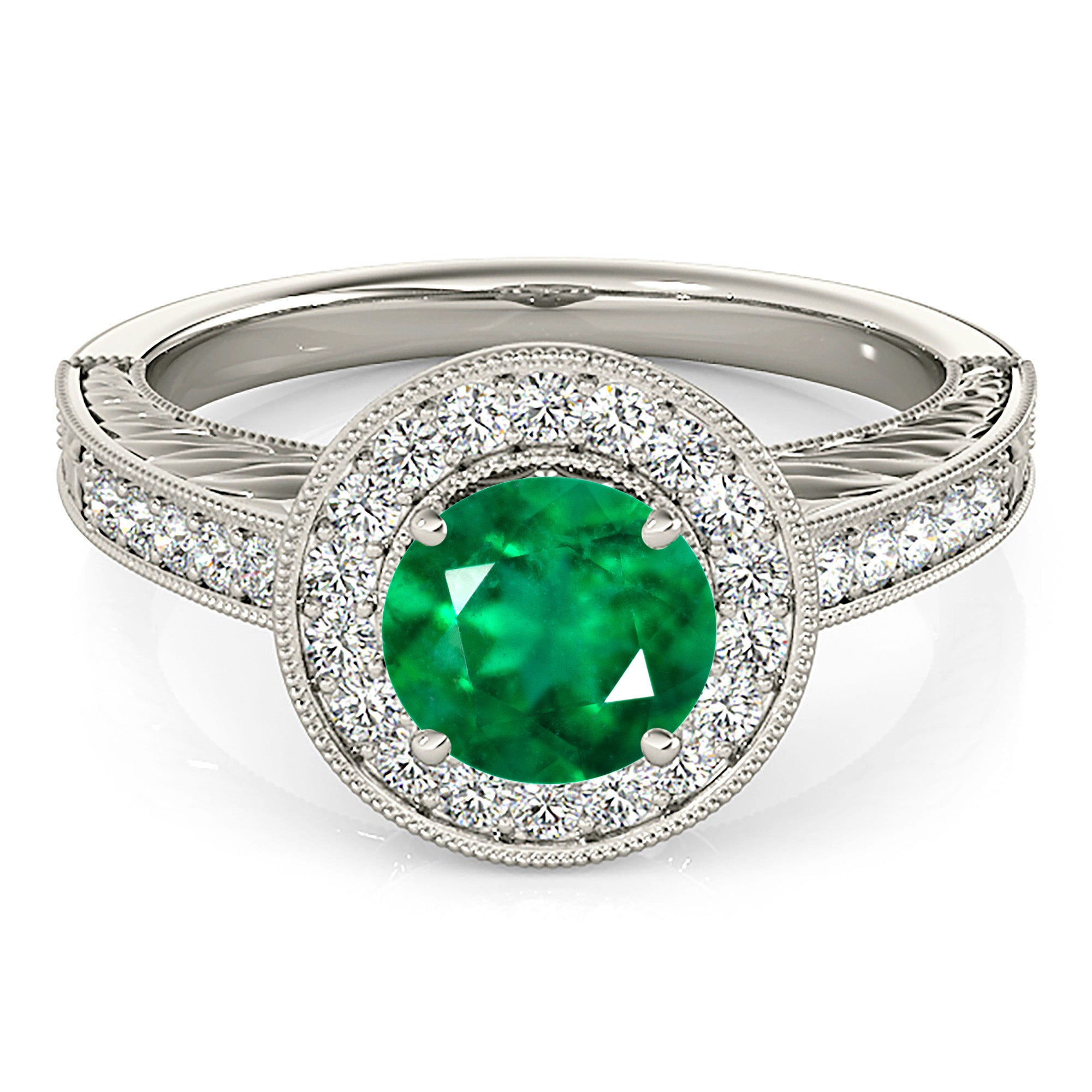 1.68 ct. Genuine Emerald Ring With 0.30 ctw. Diamond Halo and Filigree Milgrain Diamond Band-VIRABYANI