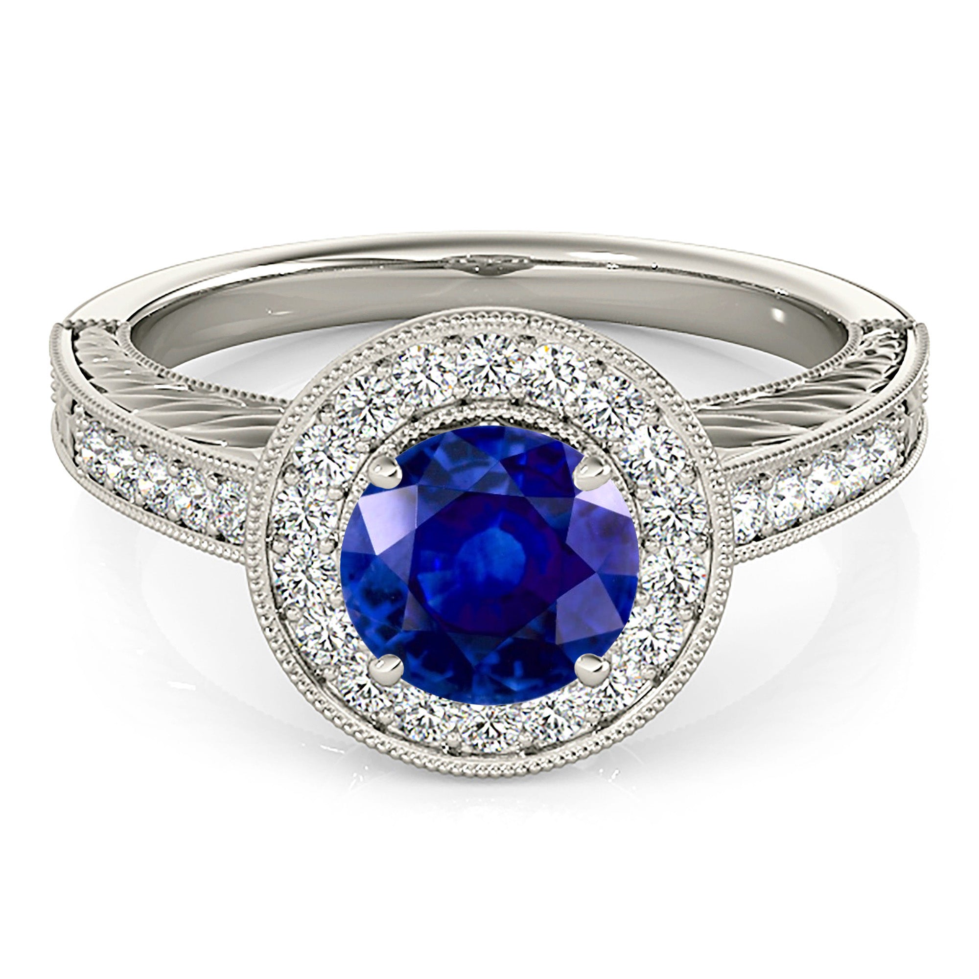 1.46 ct. Genuine Blue Sapphire Milgrain Filigree Halo Ring With 0.30 ctw. Side Diamonds-VIRABYANI