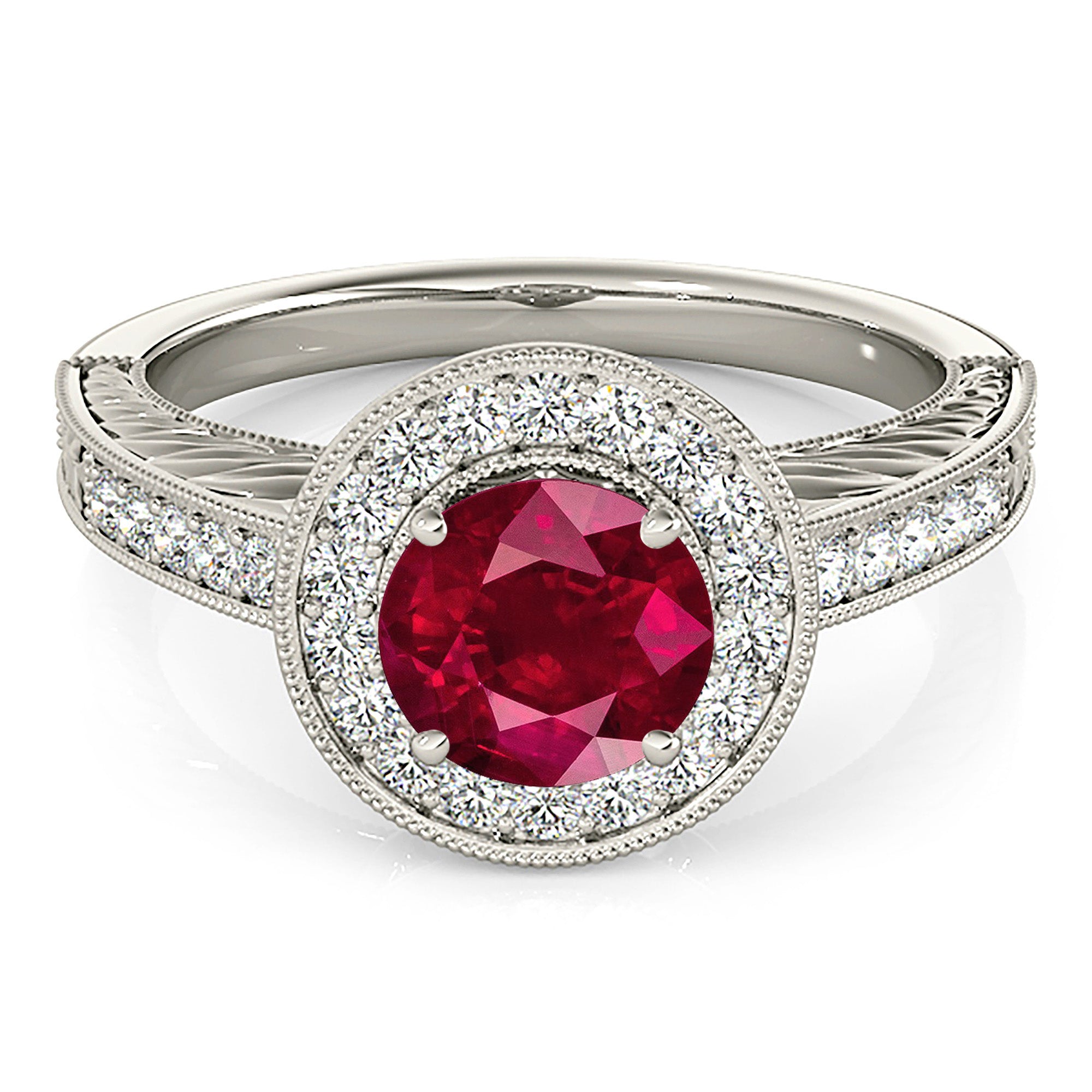 1.45 ct. Genuine Ruby Ring With 0.30 ctw. Milgrain Diamond Halo And Filigree Diamond Band-VIRABYANI