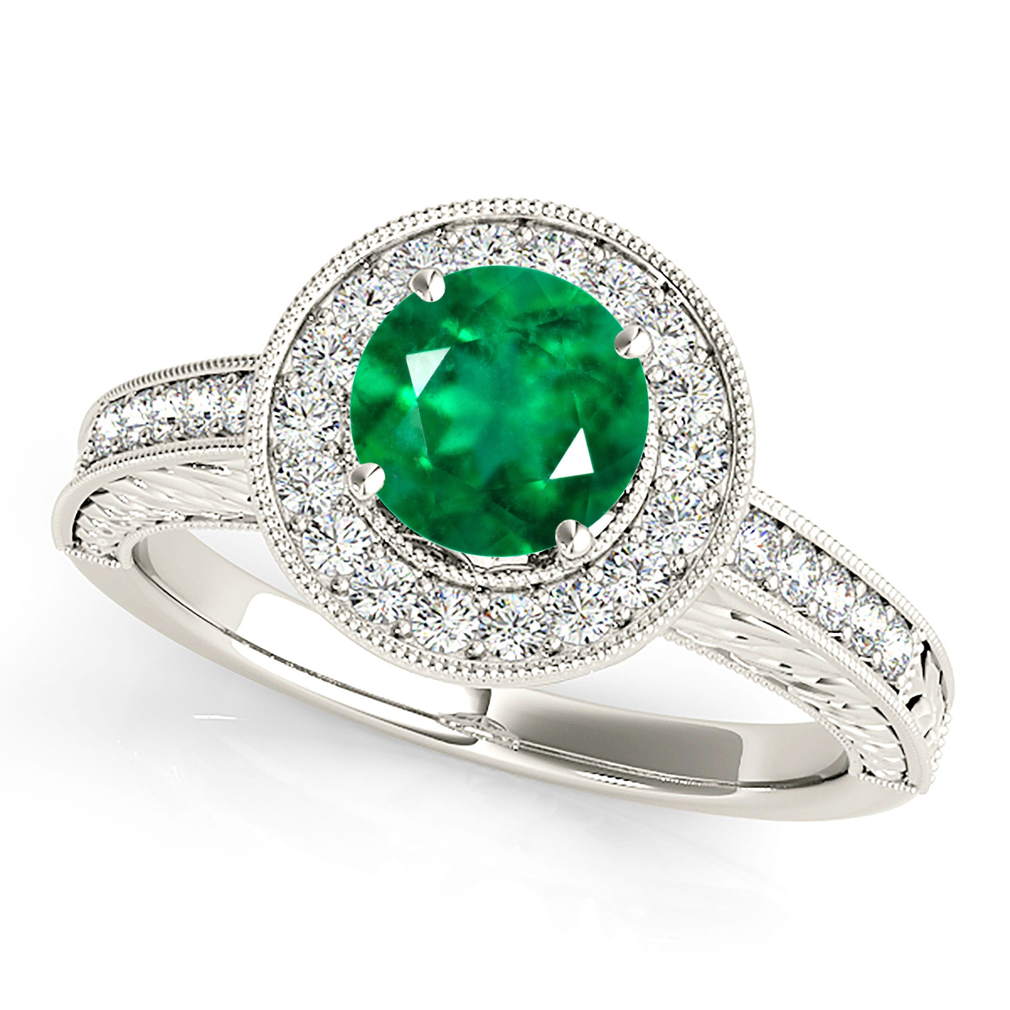 1.68 ct. Genuine Emerald Ring With 0.30 ctw. Diamond Halo and Filigree Milgrain Diamond Band-in 14K/18K White, Yellow, Rose Gold and Platinum - Christmas Jewelry Gift -VIRABYANI