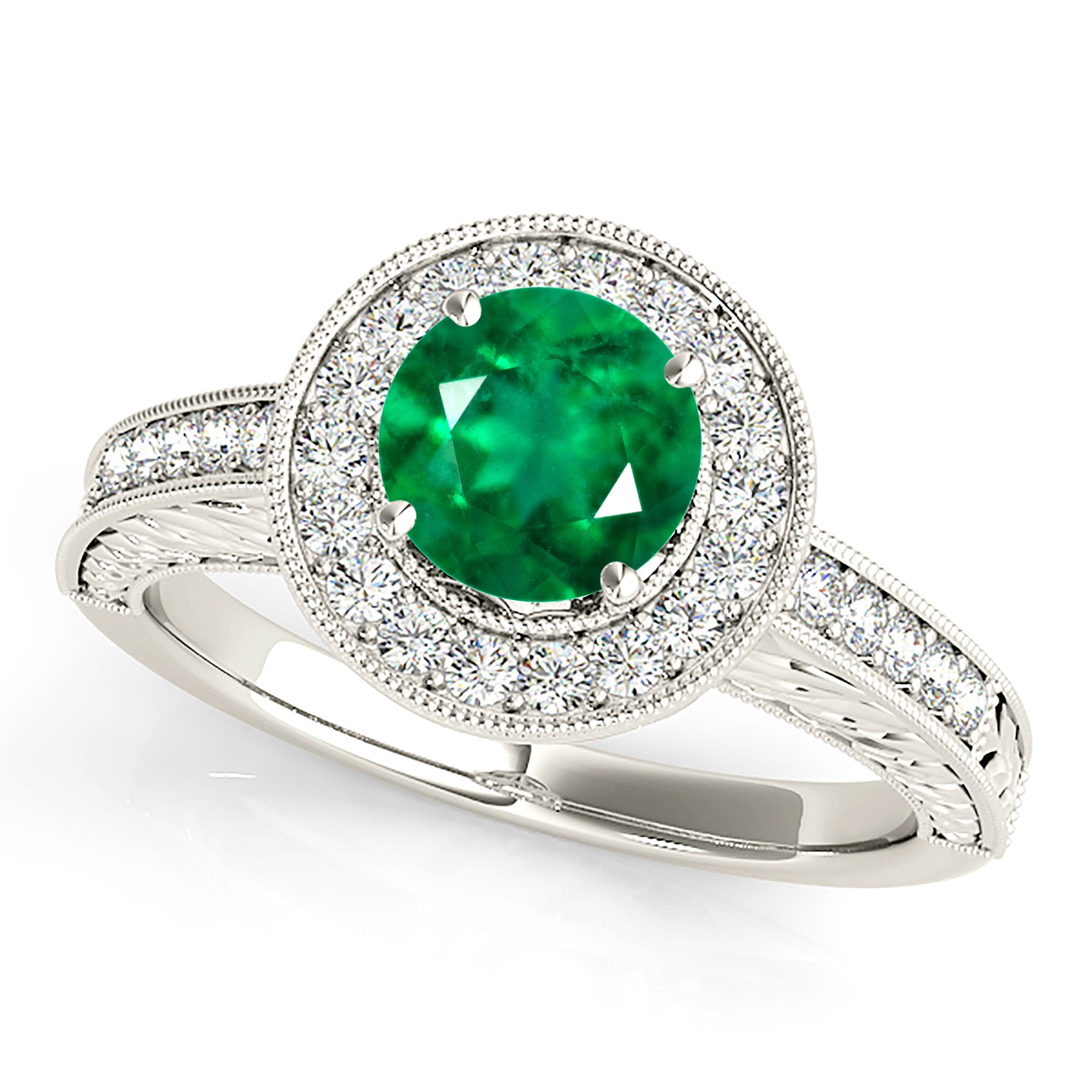 1.68 ct. Genuine Emerald Ring With 0.30 ctw. Diamond Halo and Filigree Milgrain Diamond Band-VIRABYANI
