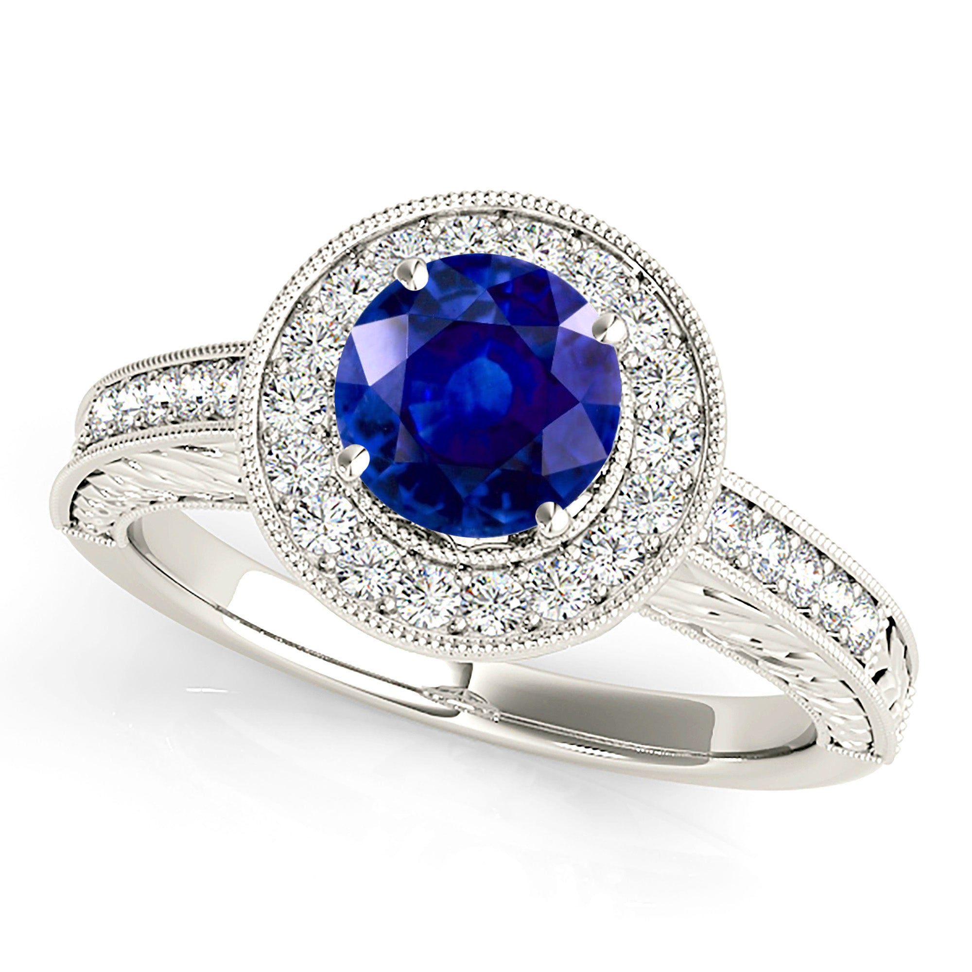 1.46 ct. Genuine Blue Sapphire Milgrain Filigree Halo Ring With 0.30 ctw. Side Diamonds-VIRABYANI