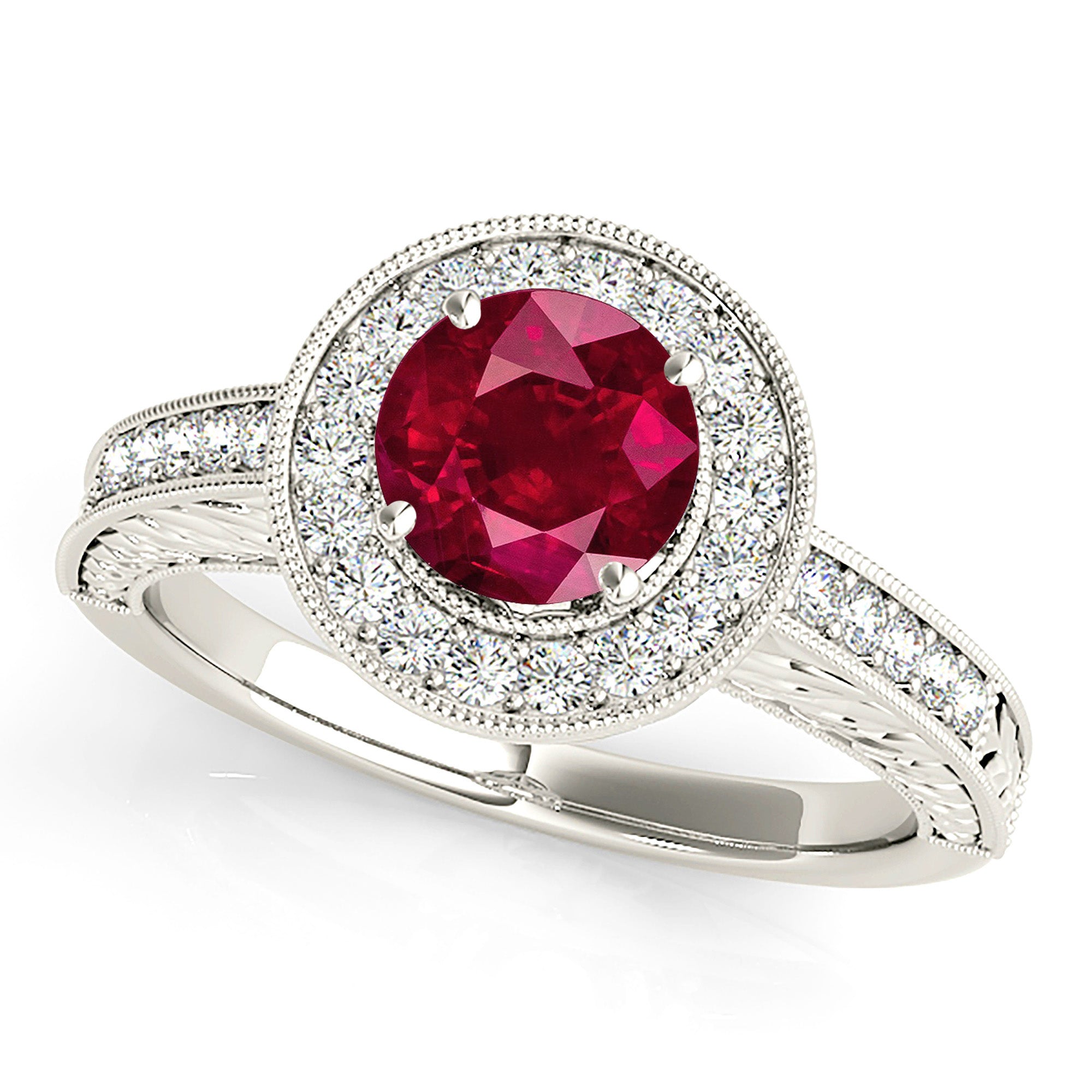 1.45 ct. Genuine Ruby Ring With 0.30 ctw. Milgrain Diamond Halo And Filigree Diamond Band-VIRABYANI