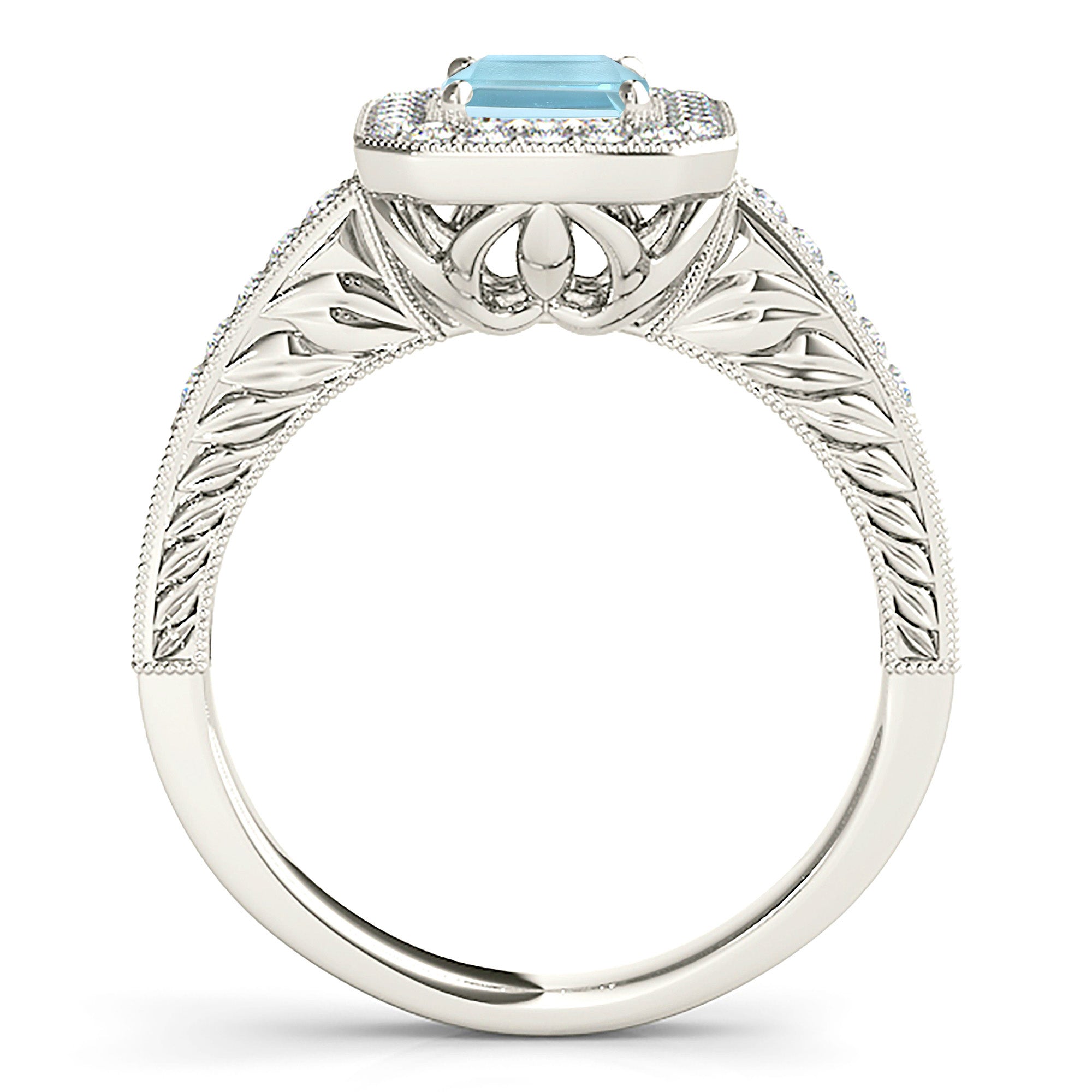 1.00 ct. Genuine Emerald Cut Aquamarine Ring With 0.35 ctw. Diamond Halo, Milgrain and Filigree Diamond Band | Blue Aquamarine Halo Ring-VIRABYANI