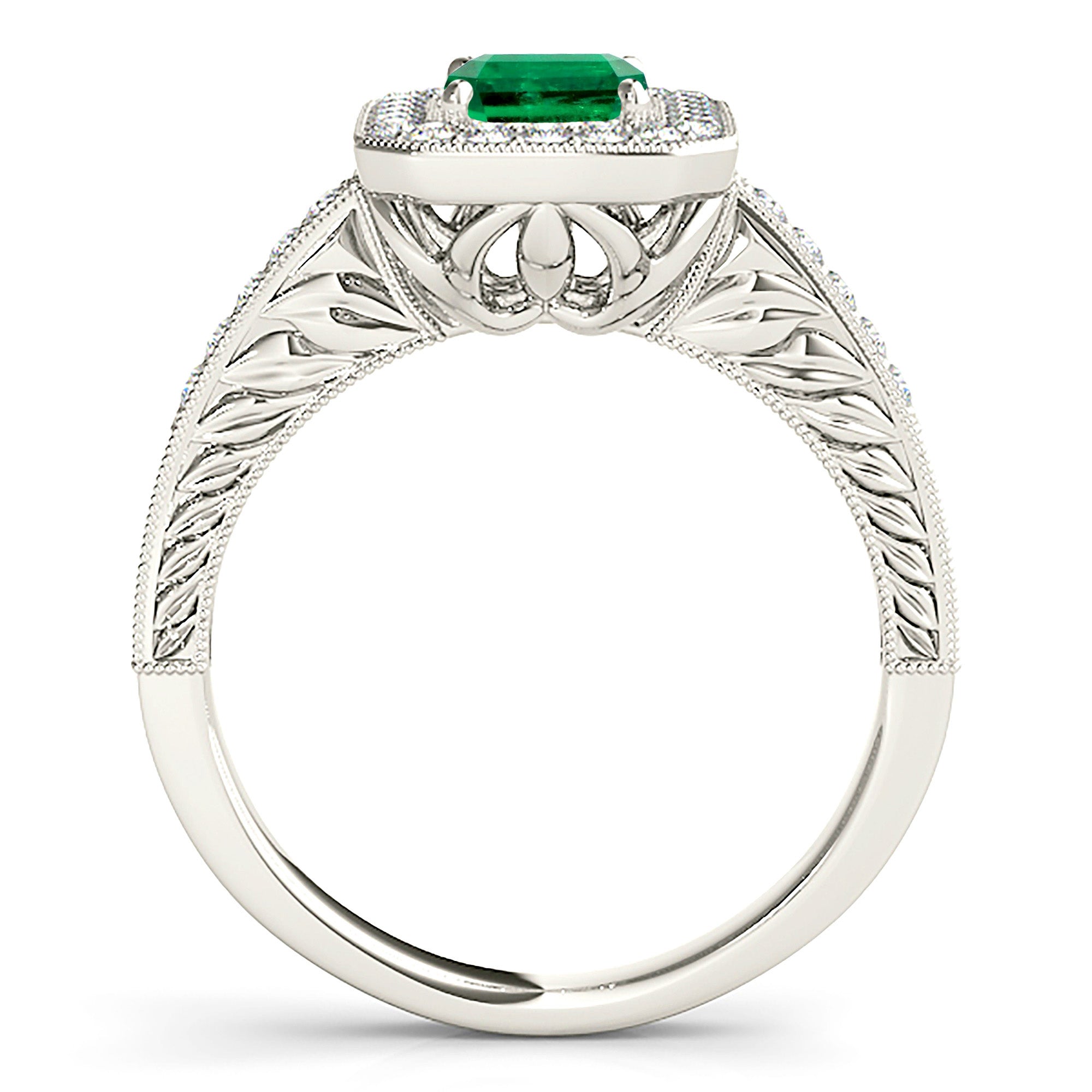 1.00 ct. Genuine Emerald Ring With 0.35 ctw. Channel Set Diamond Halo and Diamond Thin Shank-VIRABYANI