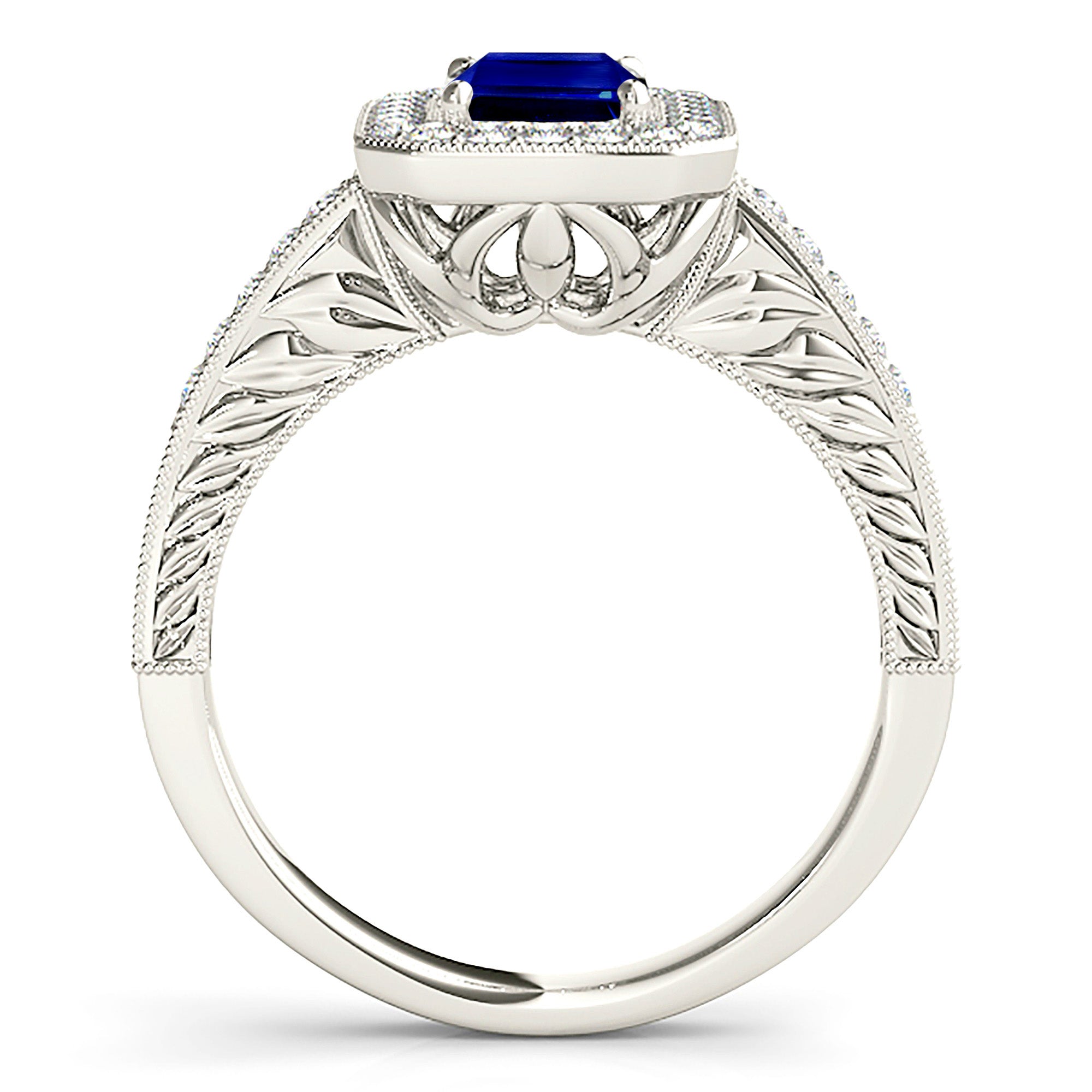 1.15 ct. Genuine Blue Emerald Cut Sapphire Ring With 0.35 ctw. Diamond Milgrain Halo, Filigree Band | Natural Sapphire And Diamond Ring-in 14K/18K White, Yellow, Rose Gold and Platinum - Christmas Jewelry Gift -VIRABYANI