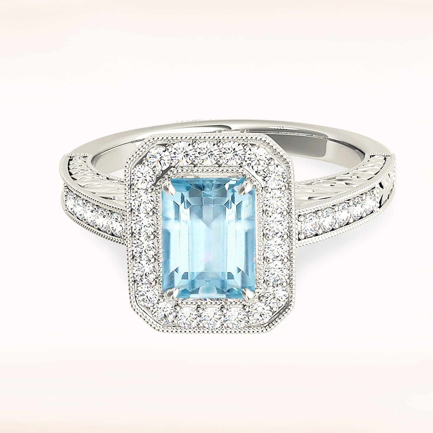 1.00 ct. Genuine Emerald Cut Aquamarine Ring With 0.35 ctw. Diamond Halo, Milgrain and Filigree Diamond Band | Blue Aquamarine Halo Ring-VIRABYANI