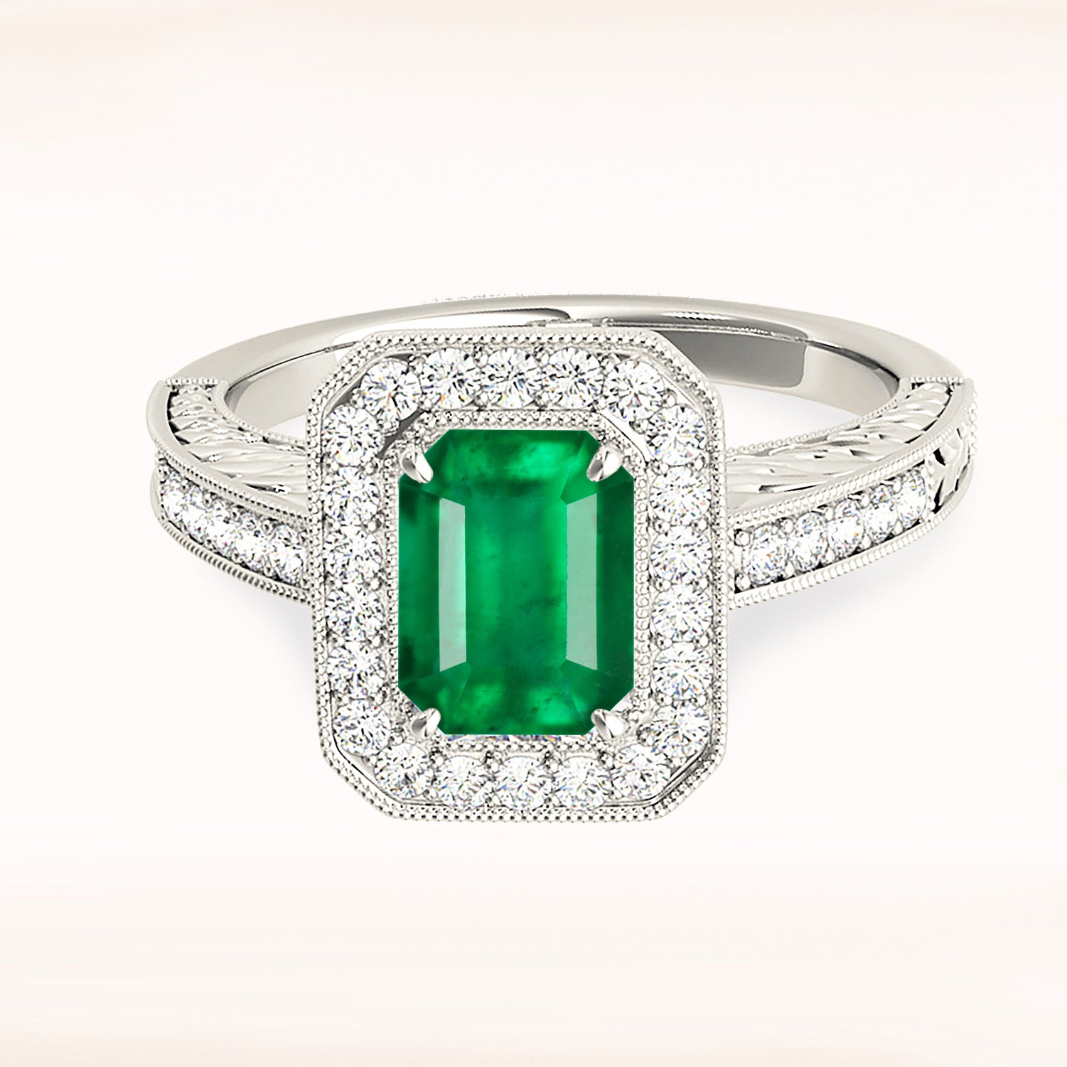 1.00 ct. Genuine Emerald Ring With 0.35 ctw. Channel Set Diamond Halo and Diamond Thin Shank-VIRABYANI