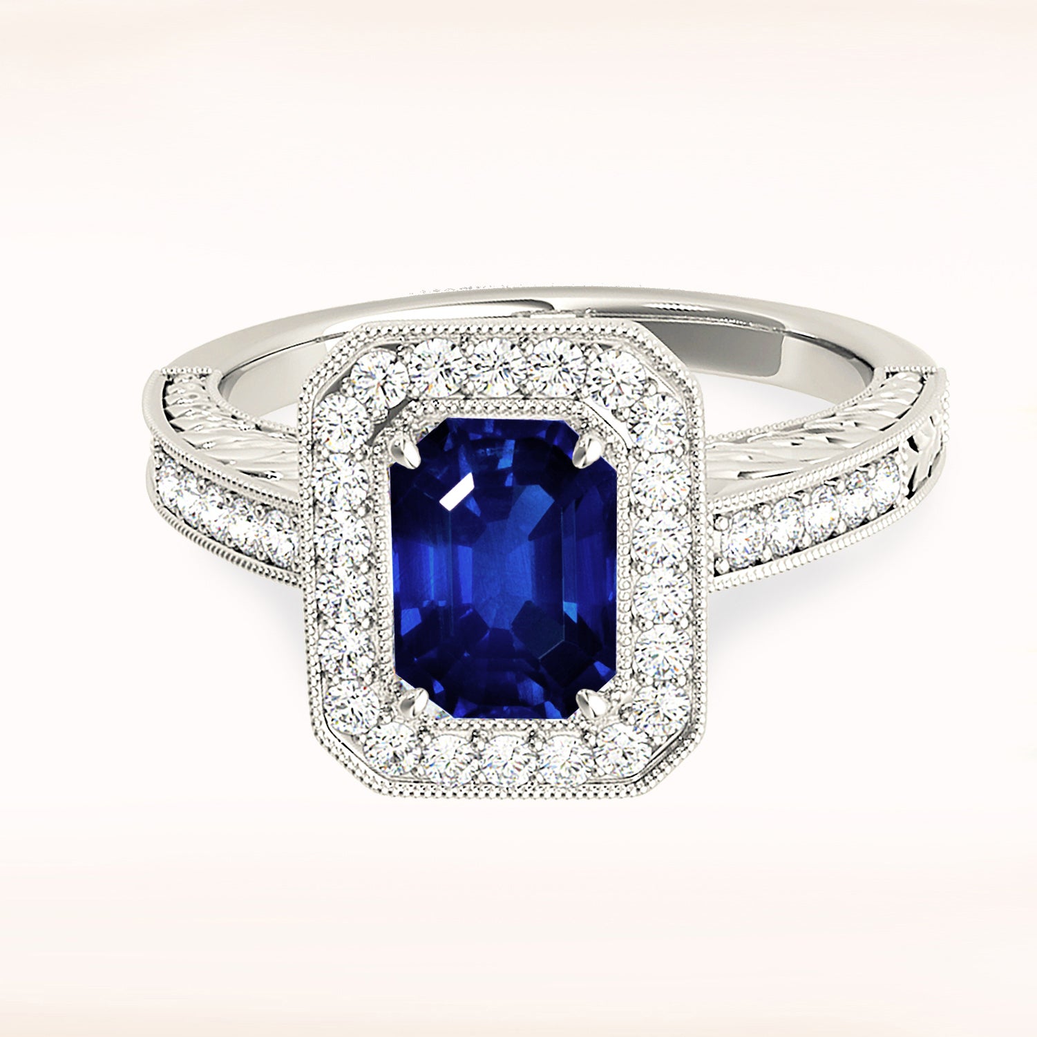 1.15 ct. Genuine Blue Emerald Cut Sapphire Ring With 0.35 ctw. Diamond Milgrain Halo, Filigree Band | Natural Sapphire And Diamond Ring-VIRABYANI